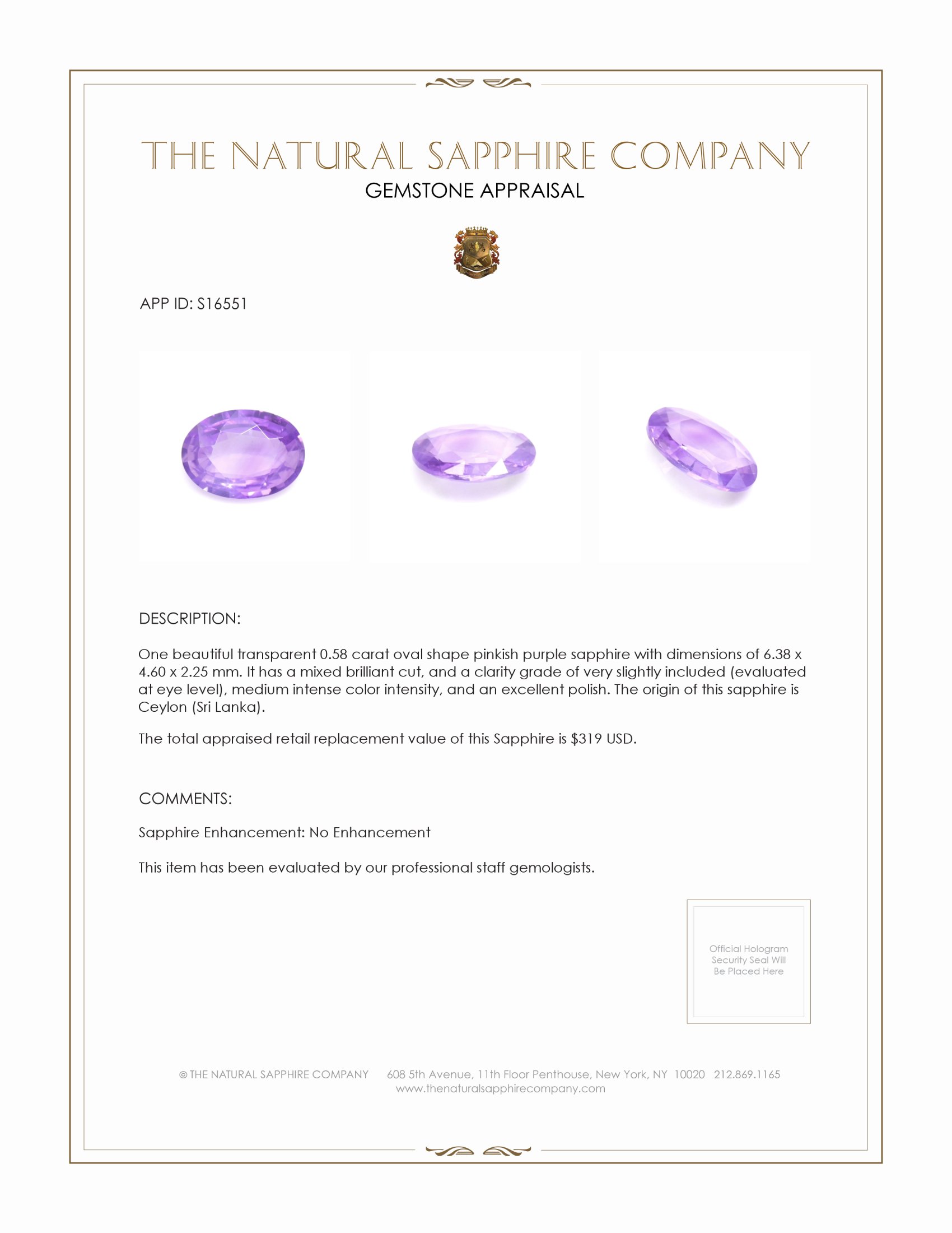 0.58 Ct. Pinkish Purple Sapphire from Ceylon (Sri Lanka)