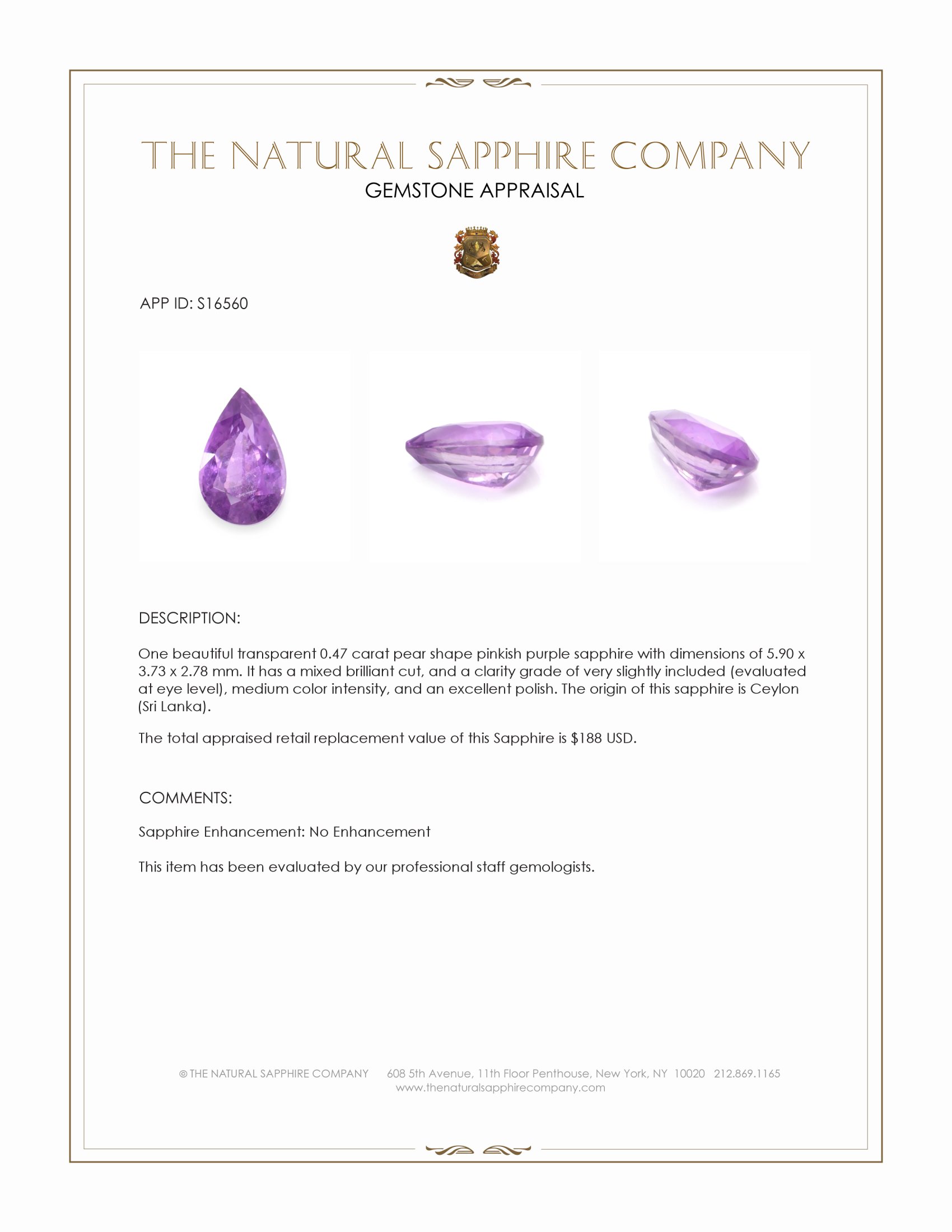 0.47 Ct. Pinkish Purple Sapphire from Ceylon (Sri Lanka)