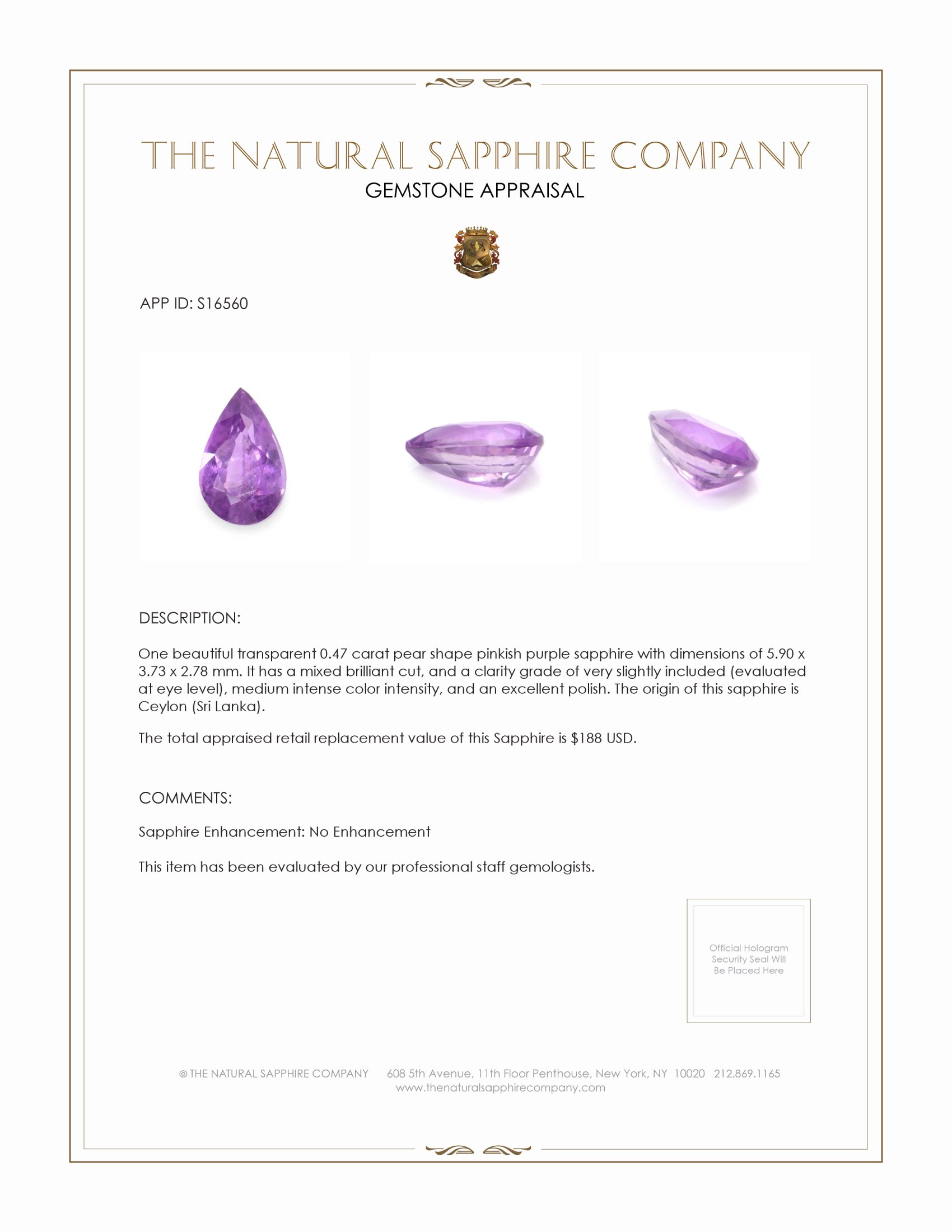 0.47 Ct. Pinkish Purple Sapphire from Ceylon (Sri Lanka)