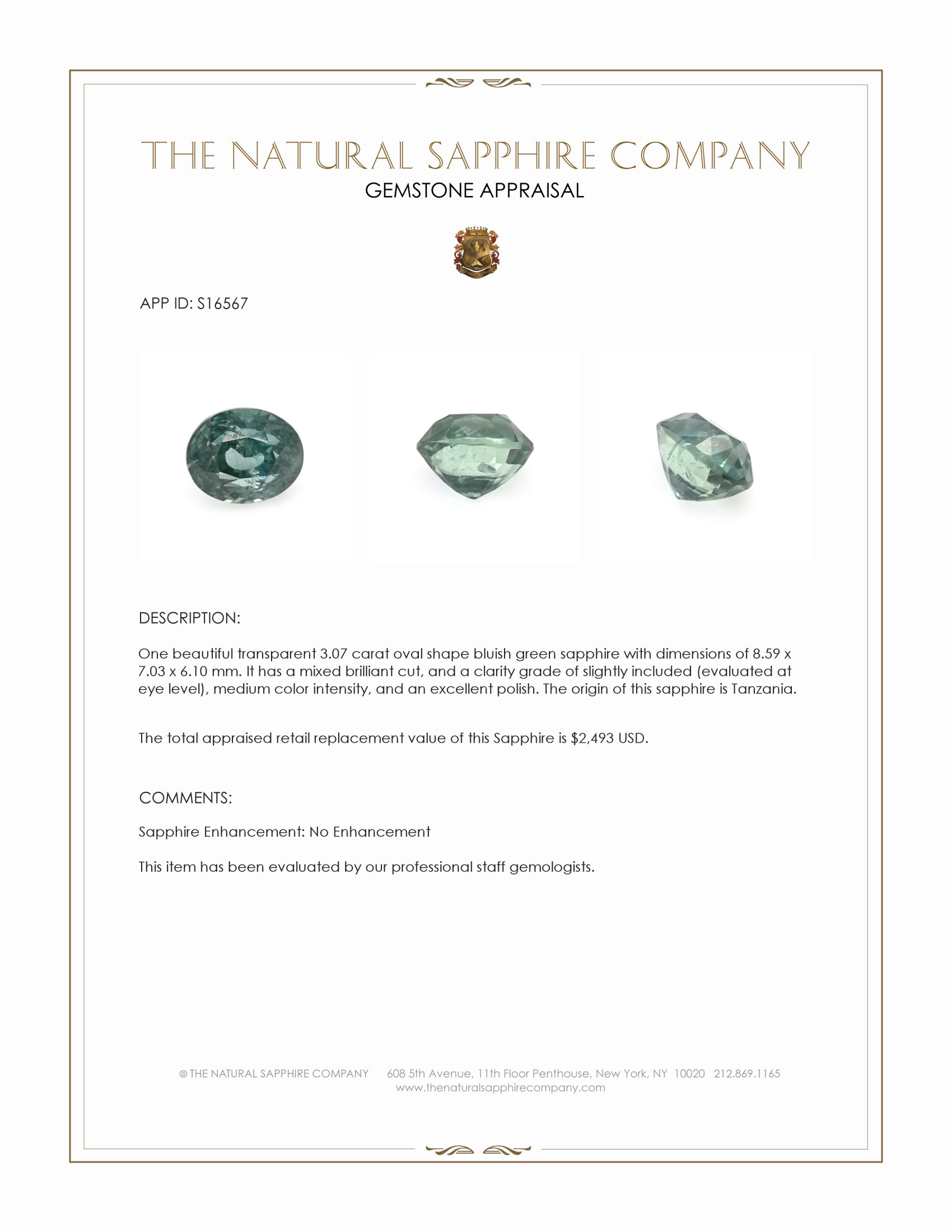 3.07 Ct. Green Sapphire from Tanzania
