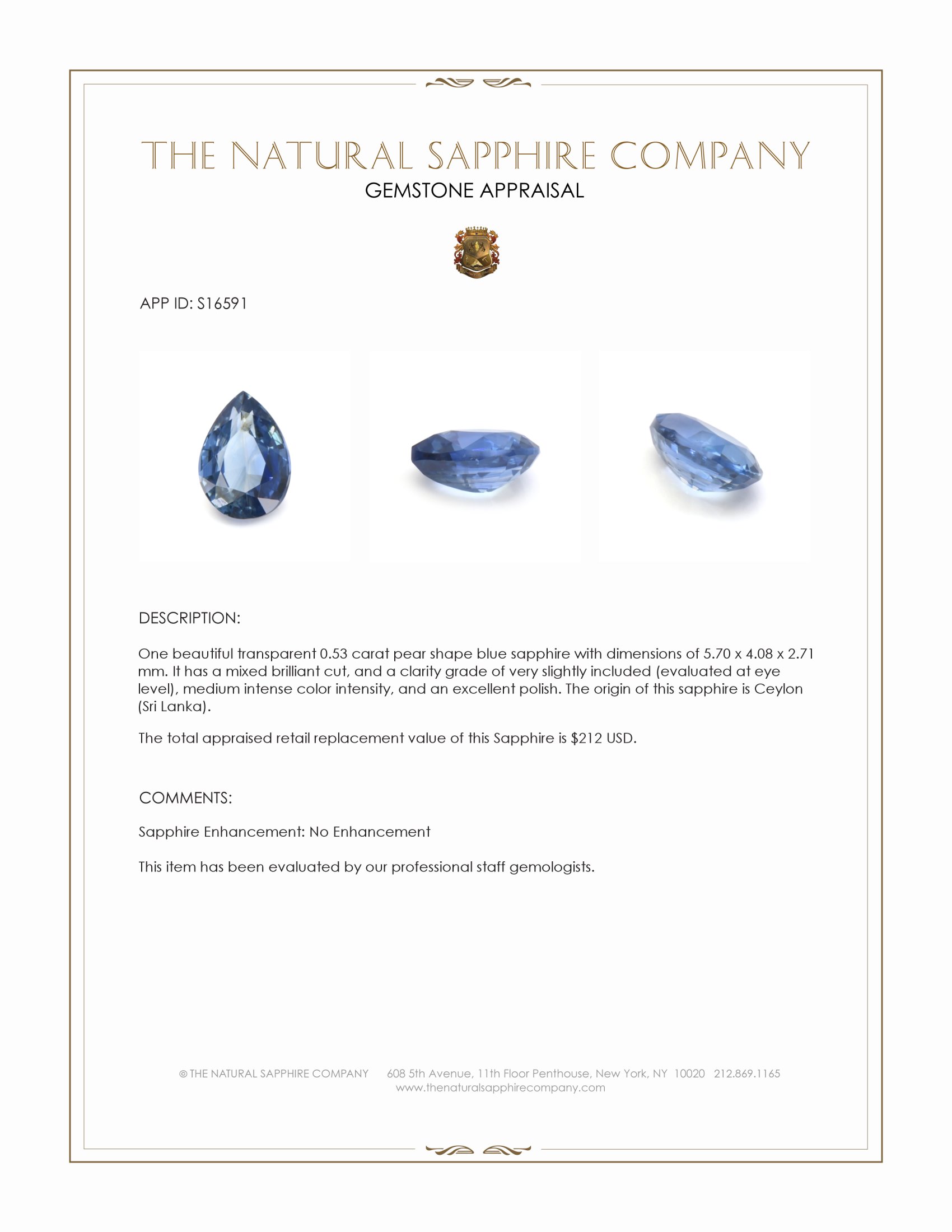 0.53 Ct. Blue Sapphire from Ceylon (Sri Lanka)