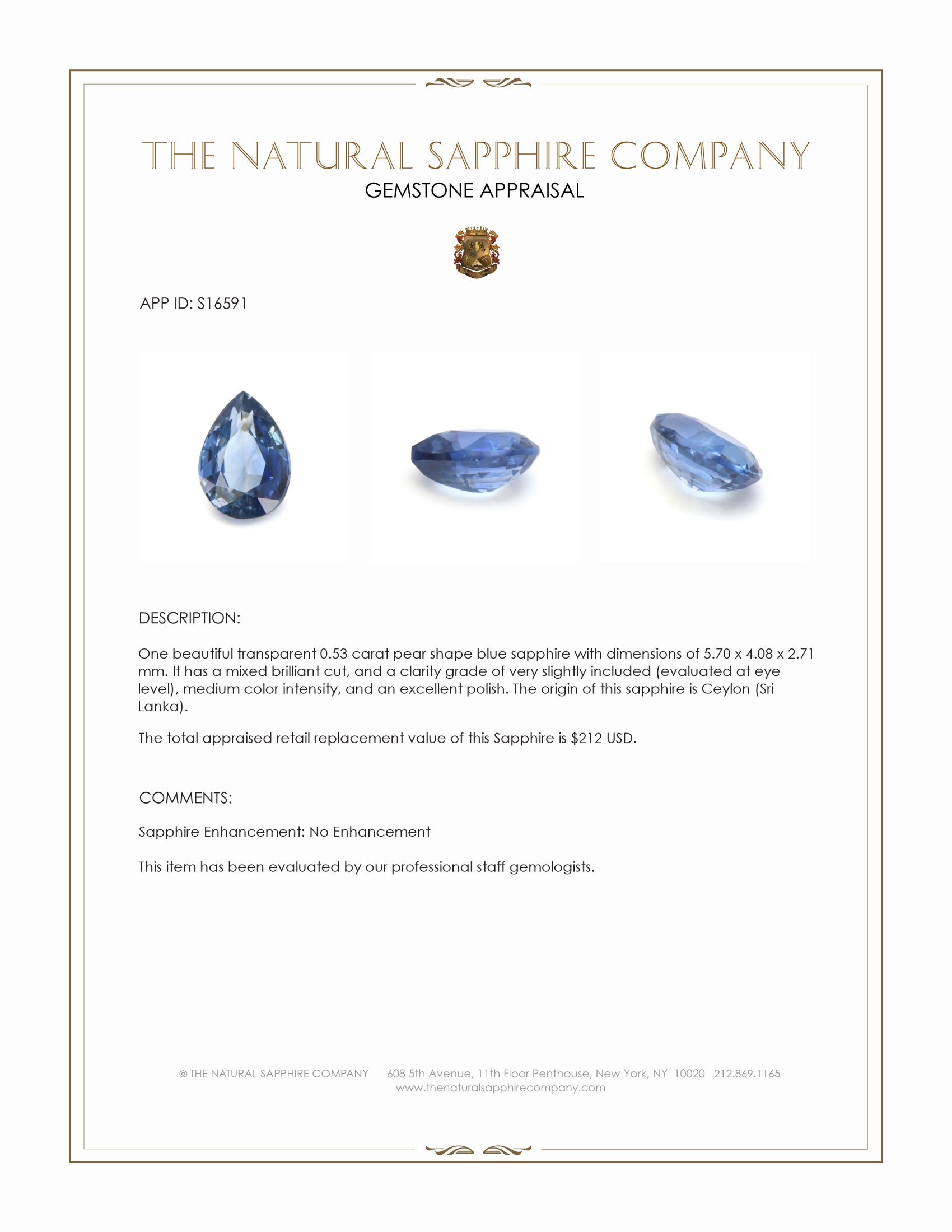 0.53 Ct. Blue Sapphire from Ceylon (Sri Lanka)