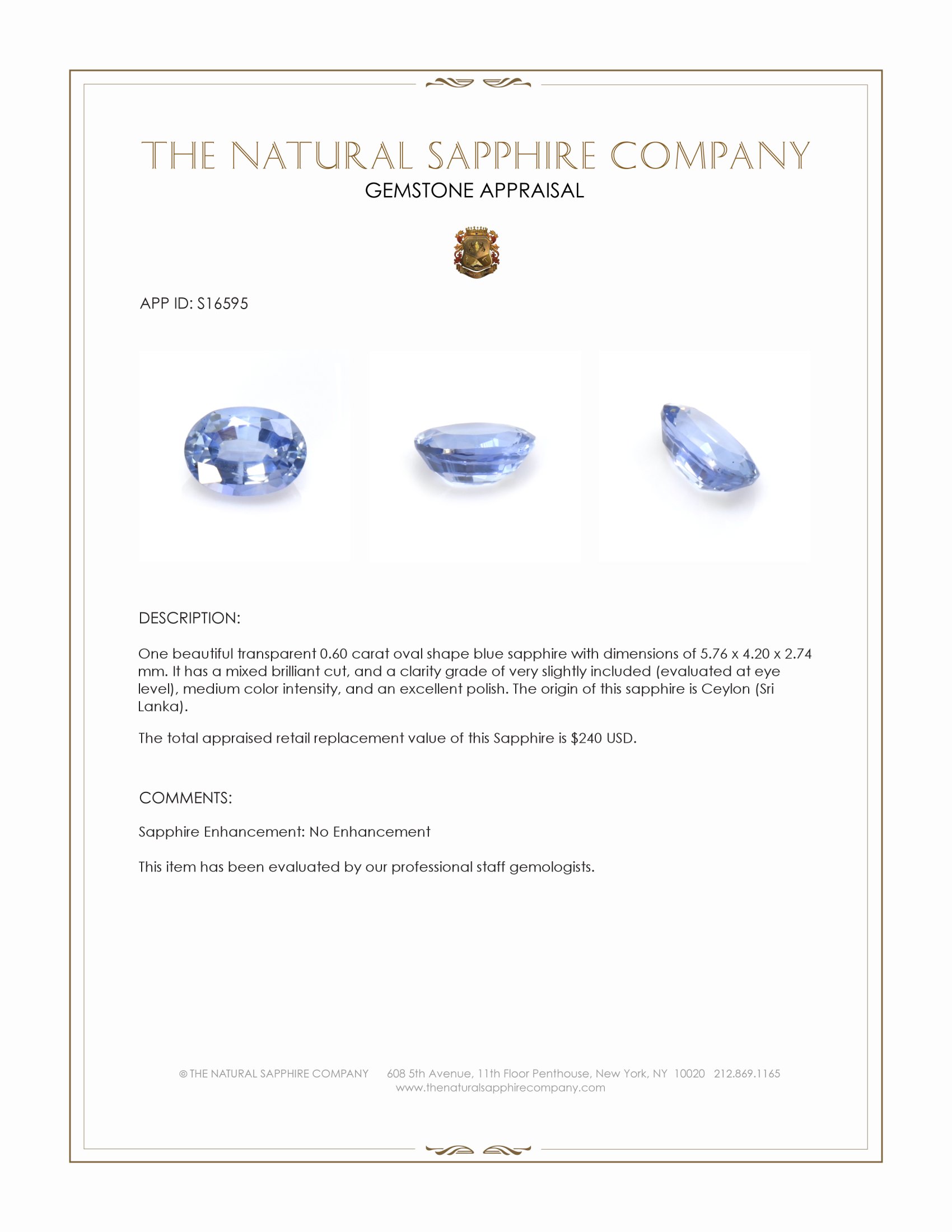0.60 Ct. Blue Sapphire from Ceylon (Sri Lanka)