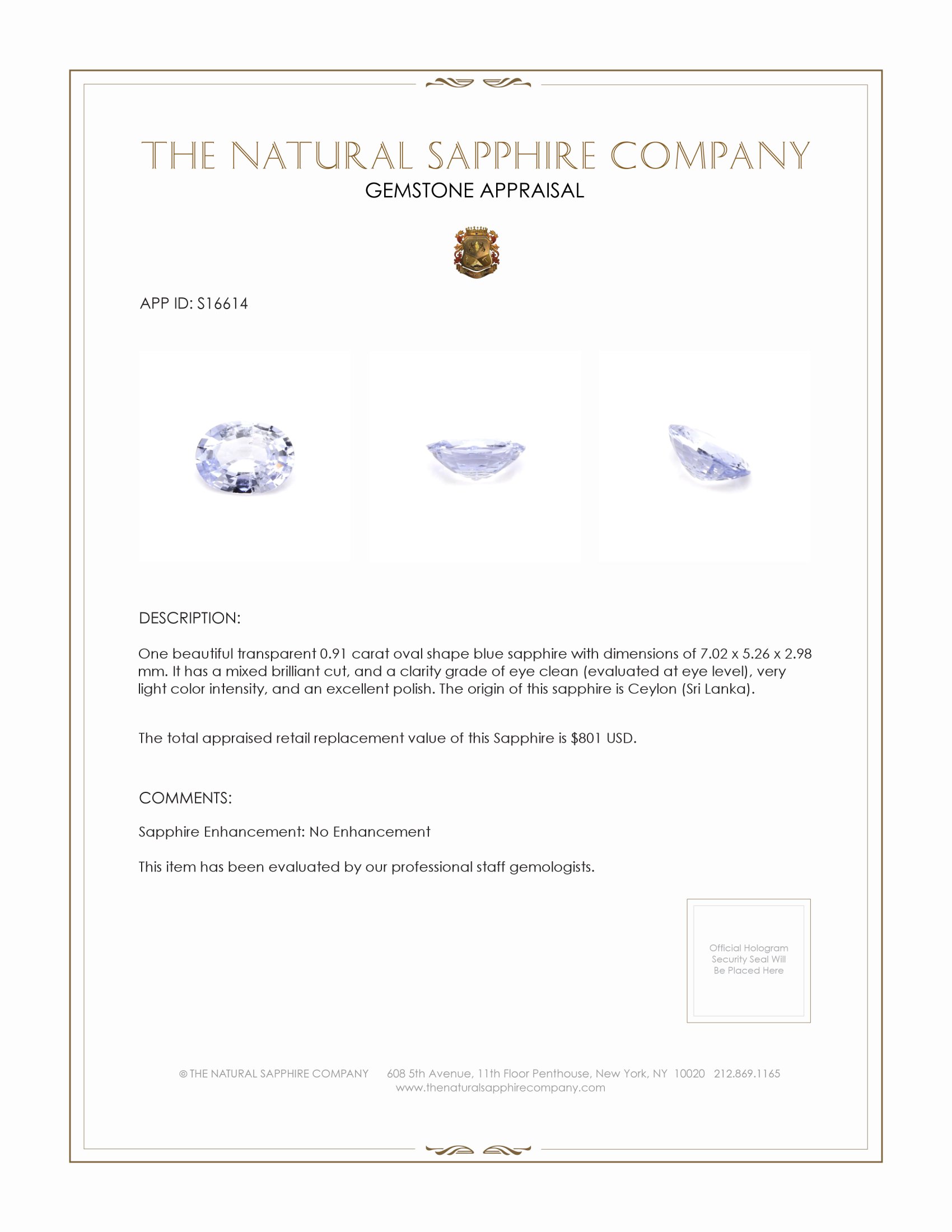 0.91 Ct. Blue Sapphire from Ceylon (Sri Lanka)