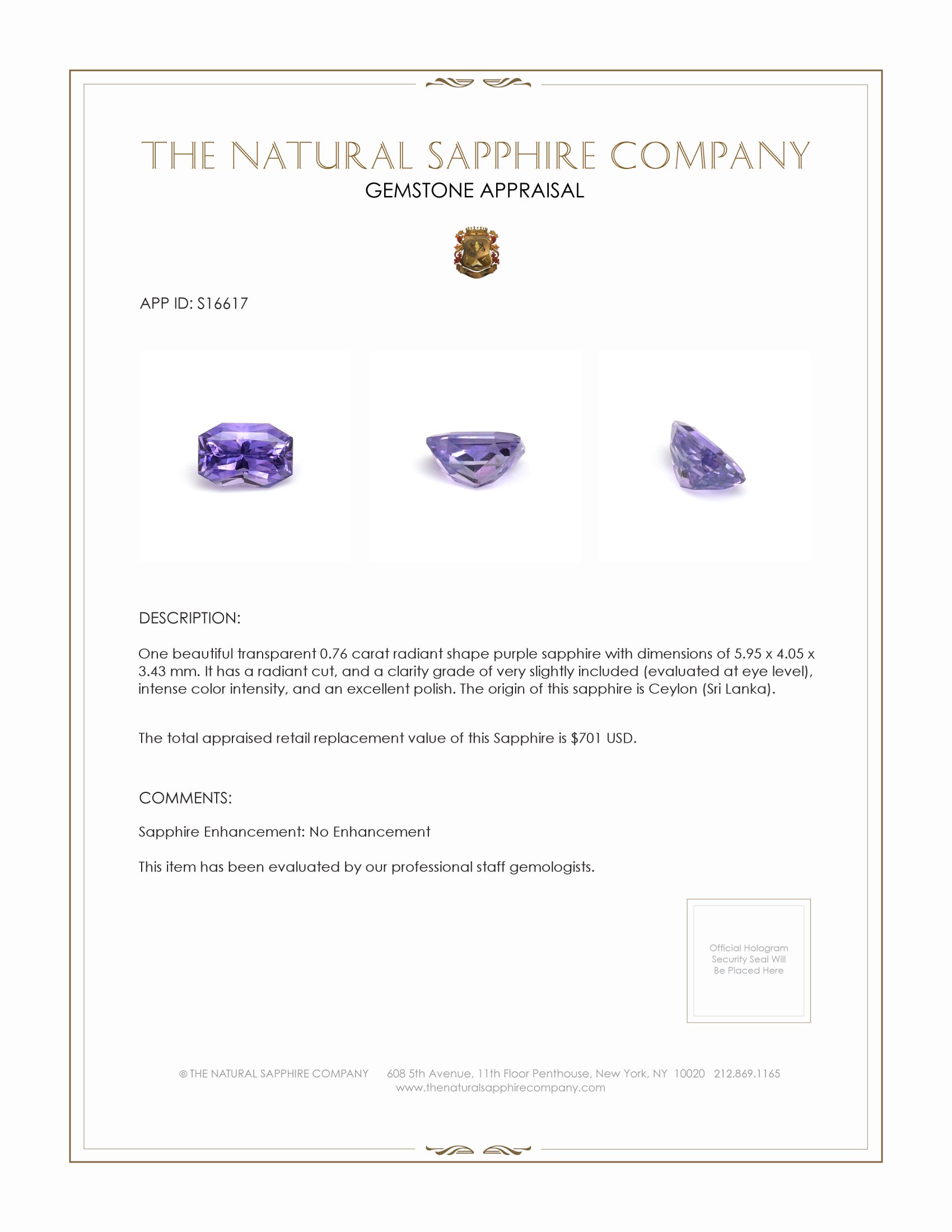 0.76 Ct. Purple Sapphire from Ceylon (Sri Lanka)