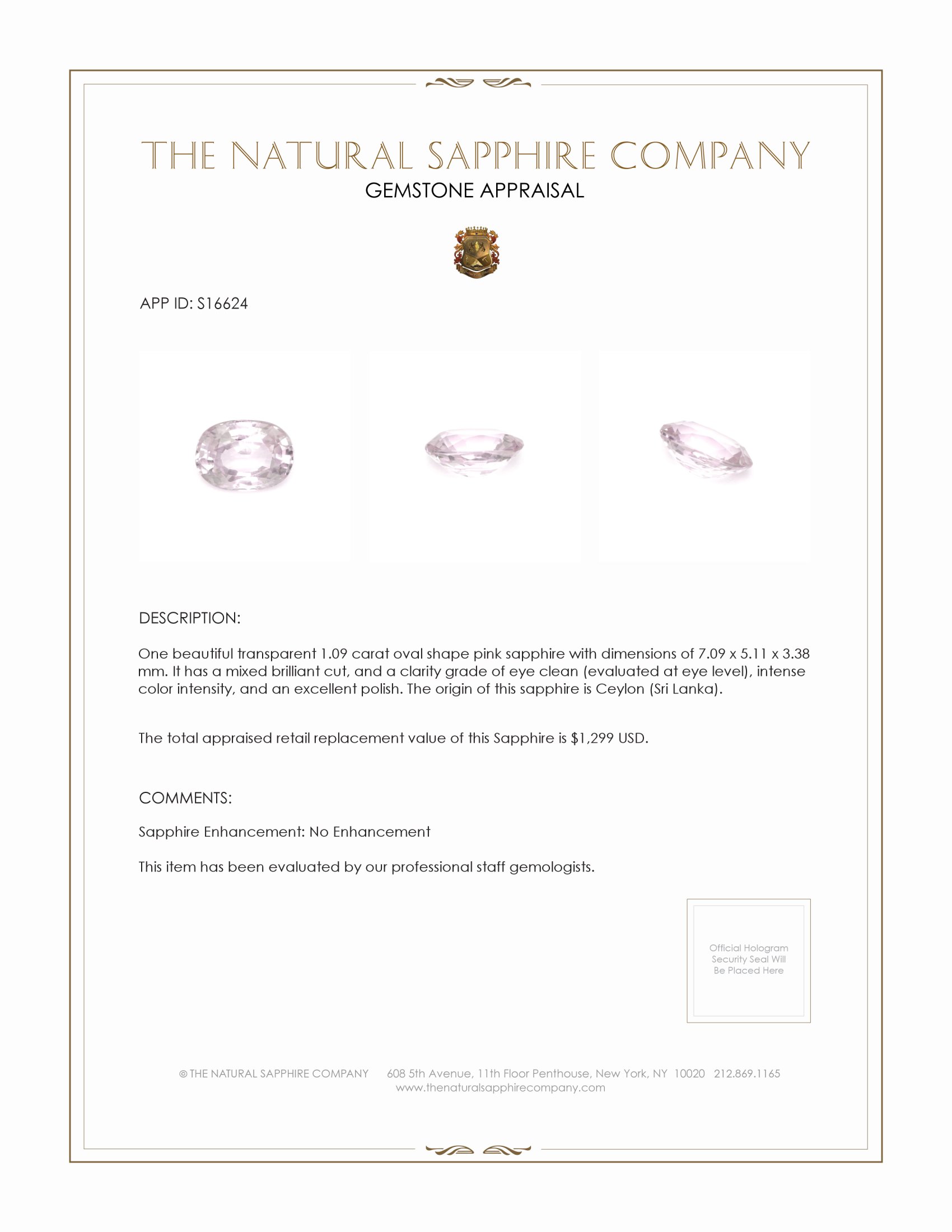 1.09 Ct. Pink Sapphire from Ceylon (Sri Lanka)