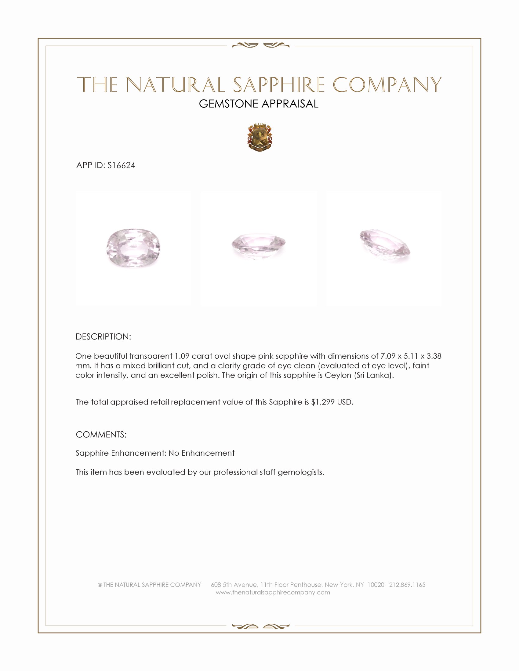 1.09 Ct. Pink Sapphire from Ceylon (Sri Lanka)