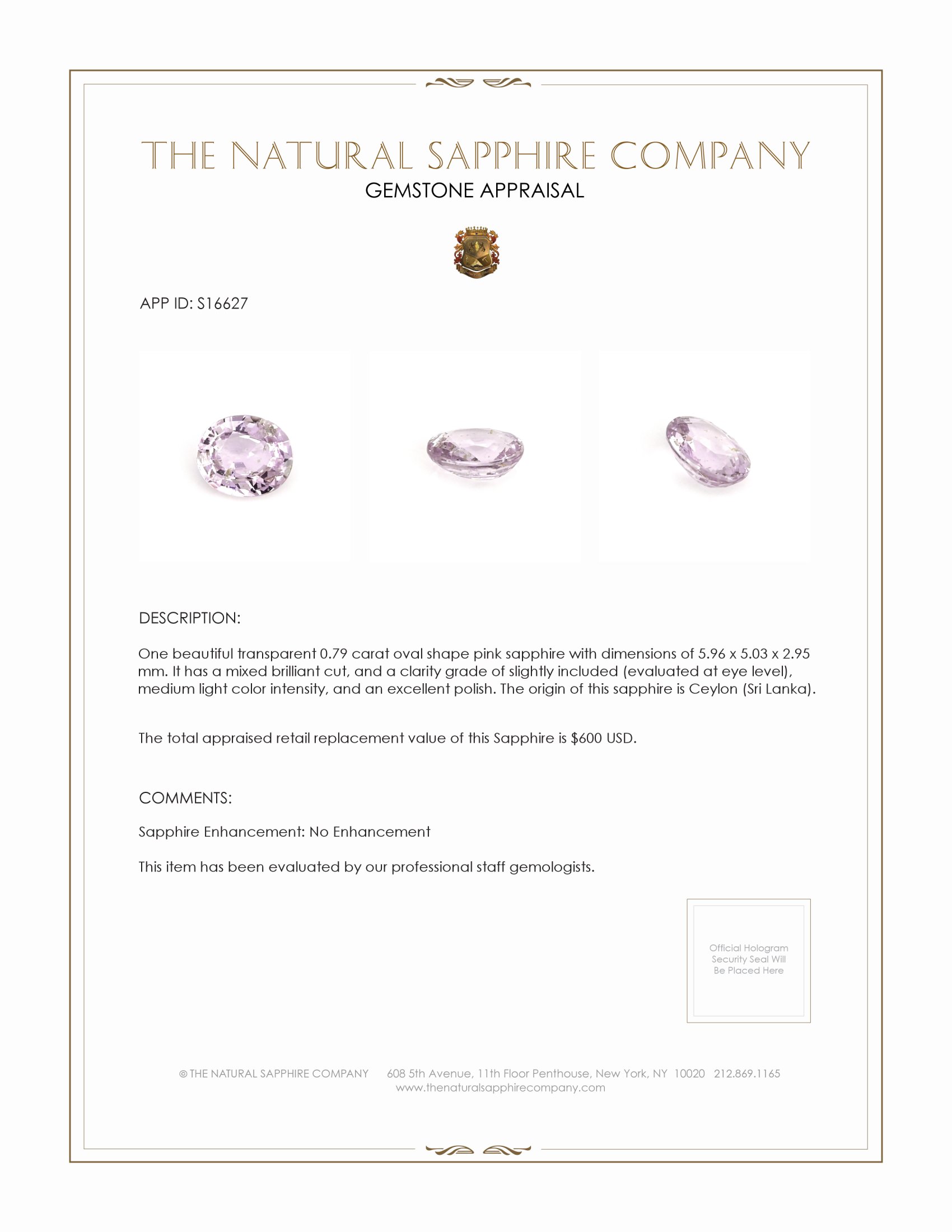 0.79 Ct. Pink Sapphire from Ceylon (Sri Lanka)