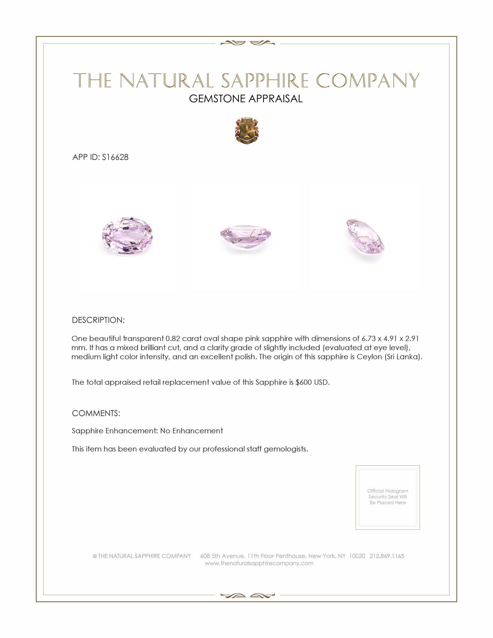0.82 Ct. Pink Sapphire from Ceylon (Sri Lanka)