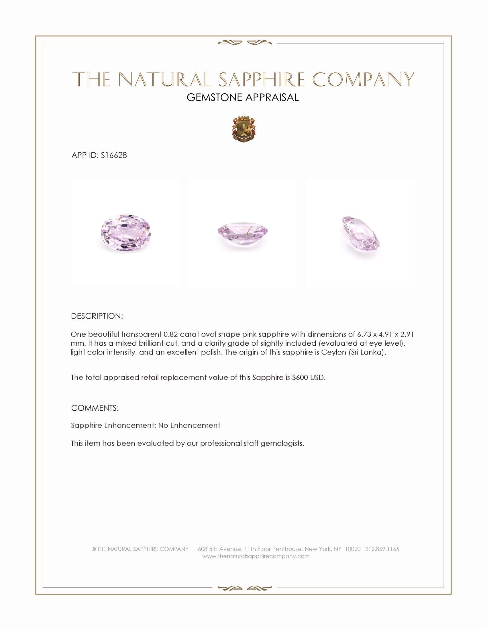 0.82 Ct. Pink Sapphire from Ceylon (Sri Lanka)