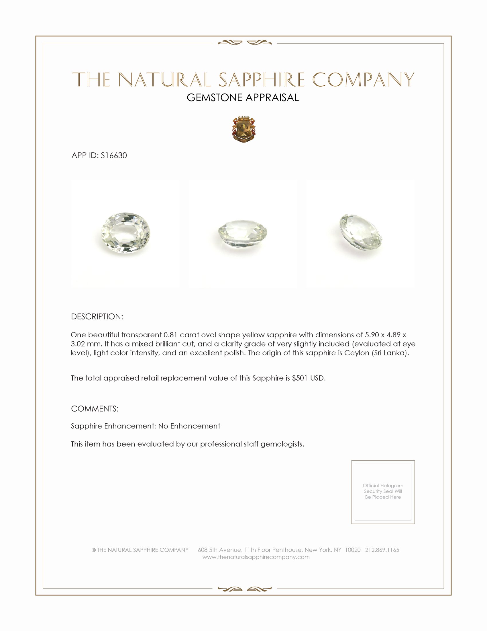 0.81 Ct. Yellow Sapphire from Ceylon (Sri Lanka)