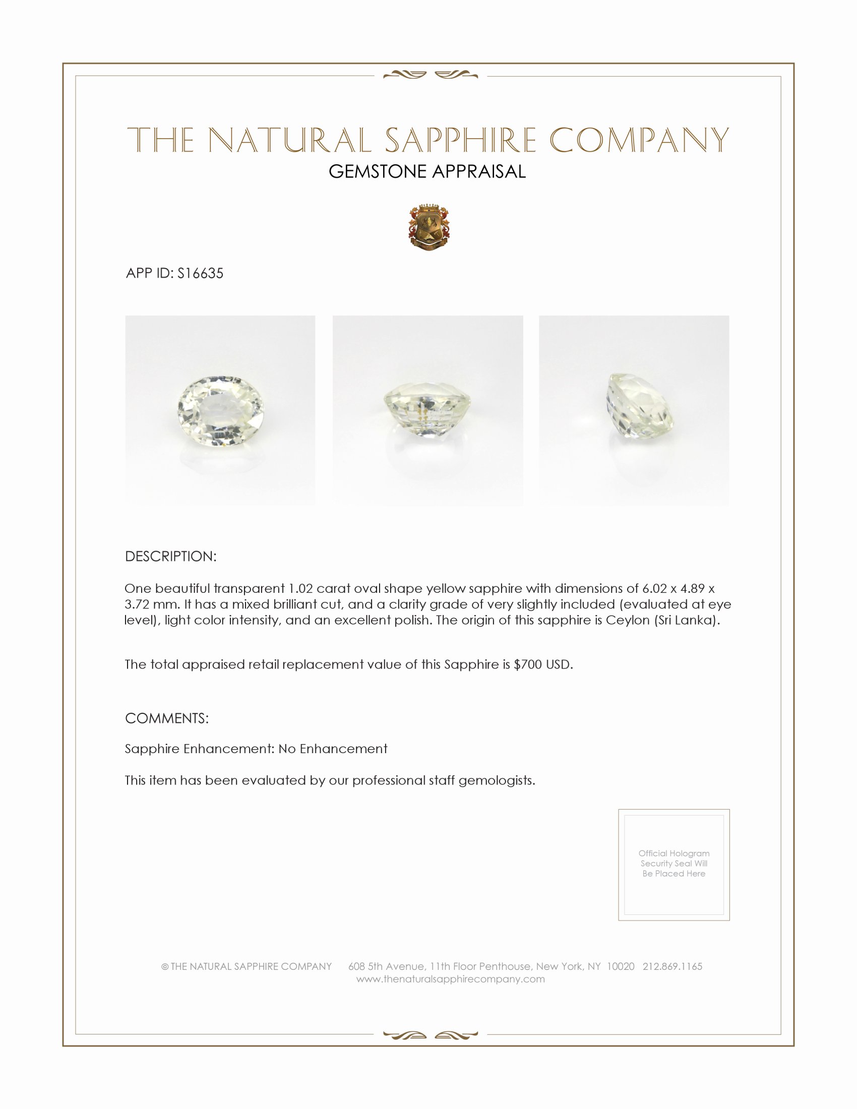 1.02 Ct. Yellow Sapphire from Ceylon (Sri Lanka)