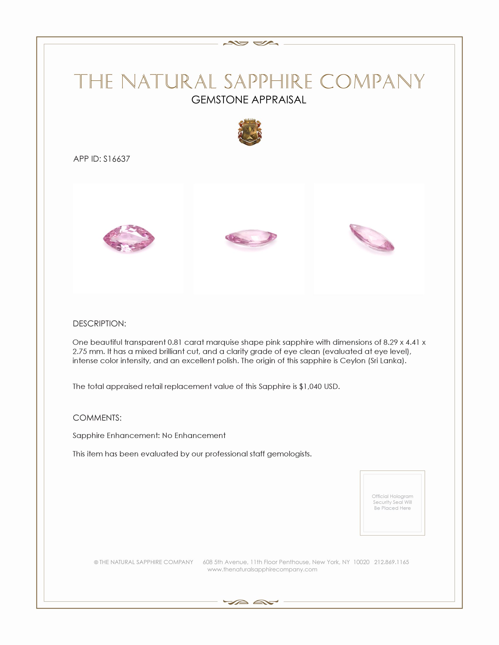 0.81 Ct. Pink Sapphire from Ceylon (Sri Lanka)