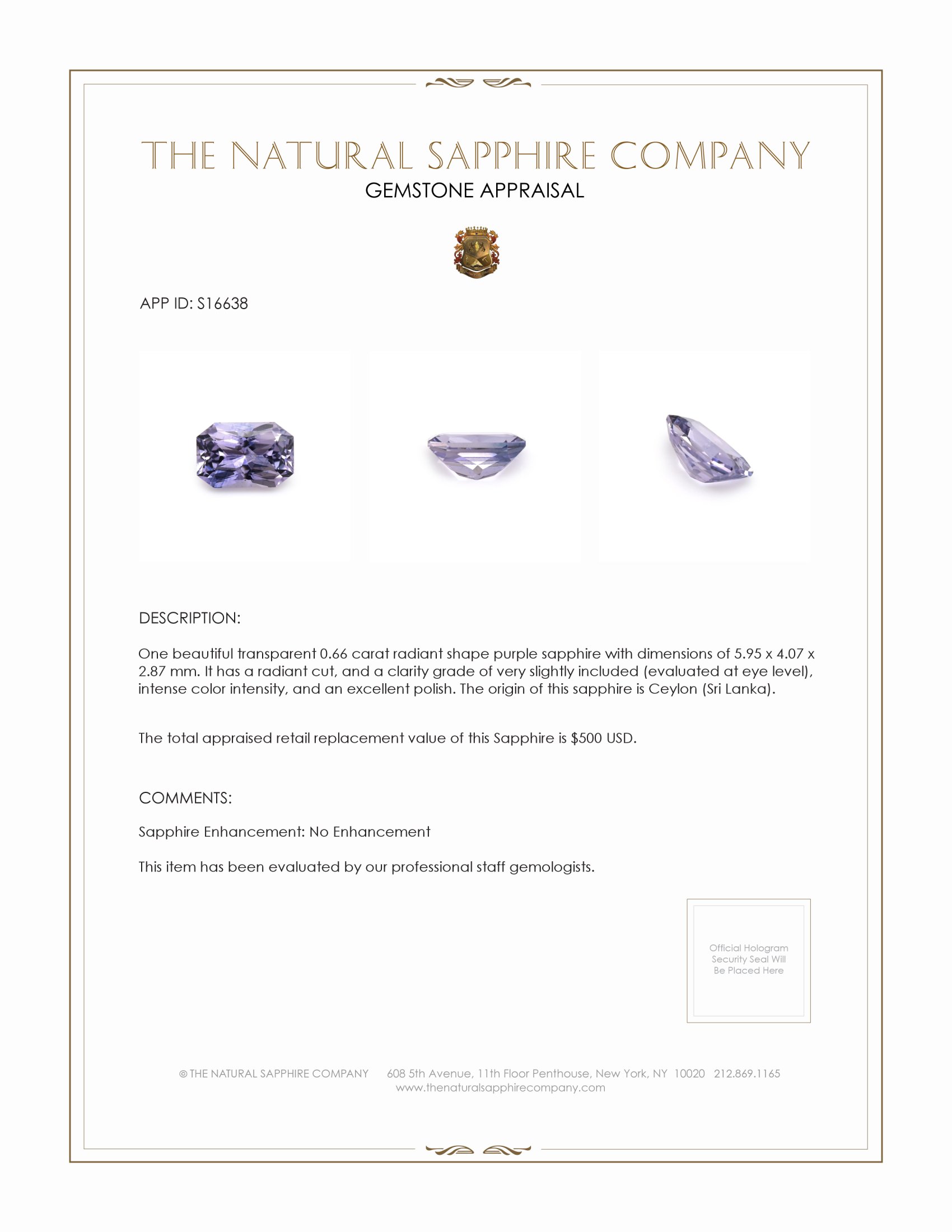 0.66 Ct. Purple Sapphire from Ceylon (Sri Lanka)