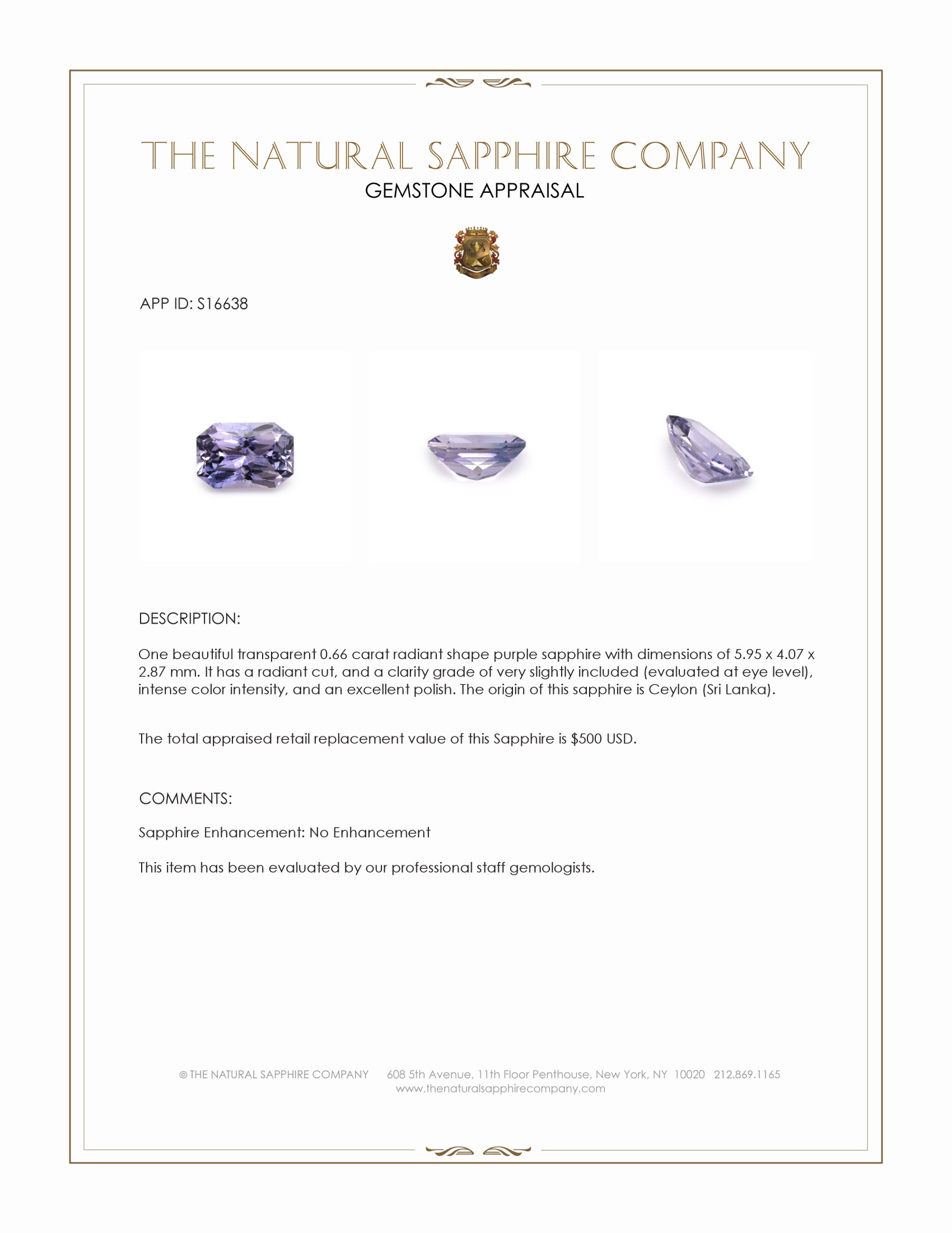 0.66 Ct. Purple Sapphire from Ceylon (Sri Lanka)