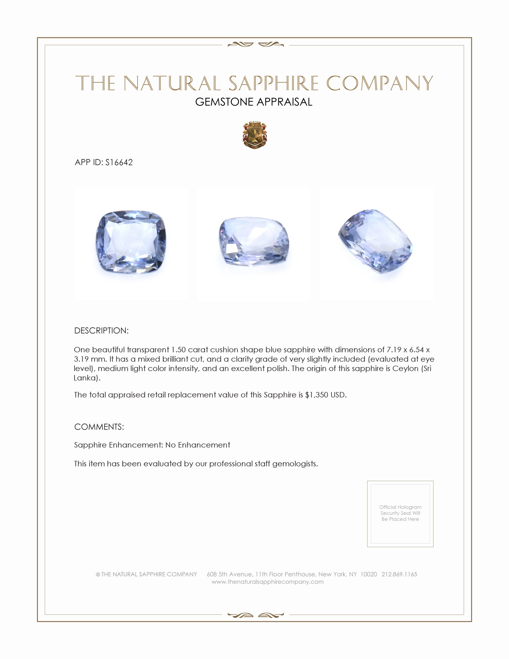 1.50 Ct. Blue Sapphire from Ceylon (Sri Lanka)