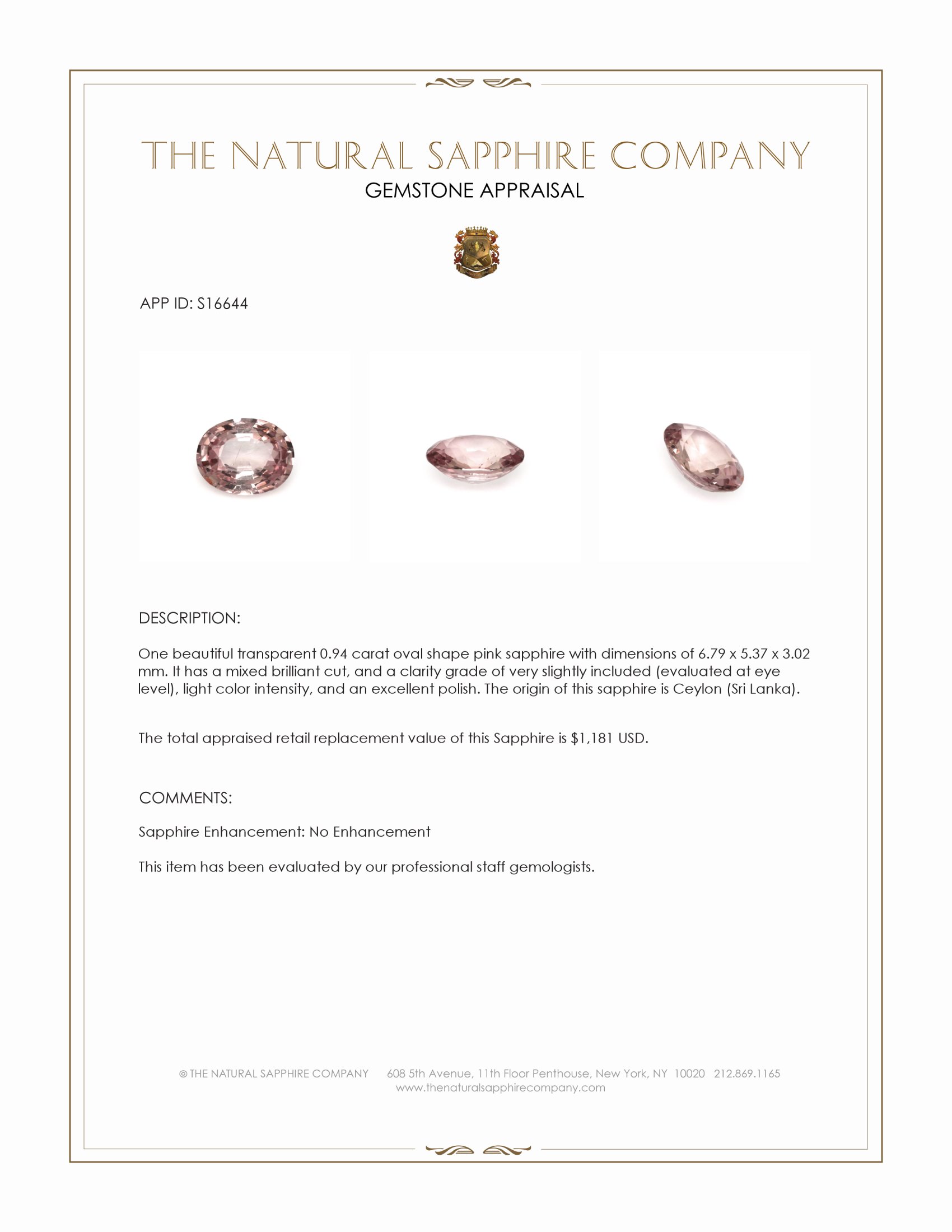 0.94 Ct. Pink Sapphire from Ceylon (Sri Lanka)