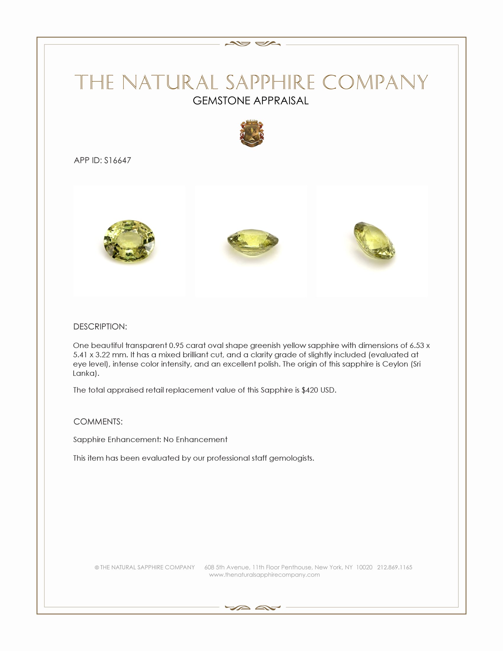 0.95 Ct. Greenish Yellow Sapphire from Ceylon (Sri Lanka)