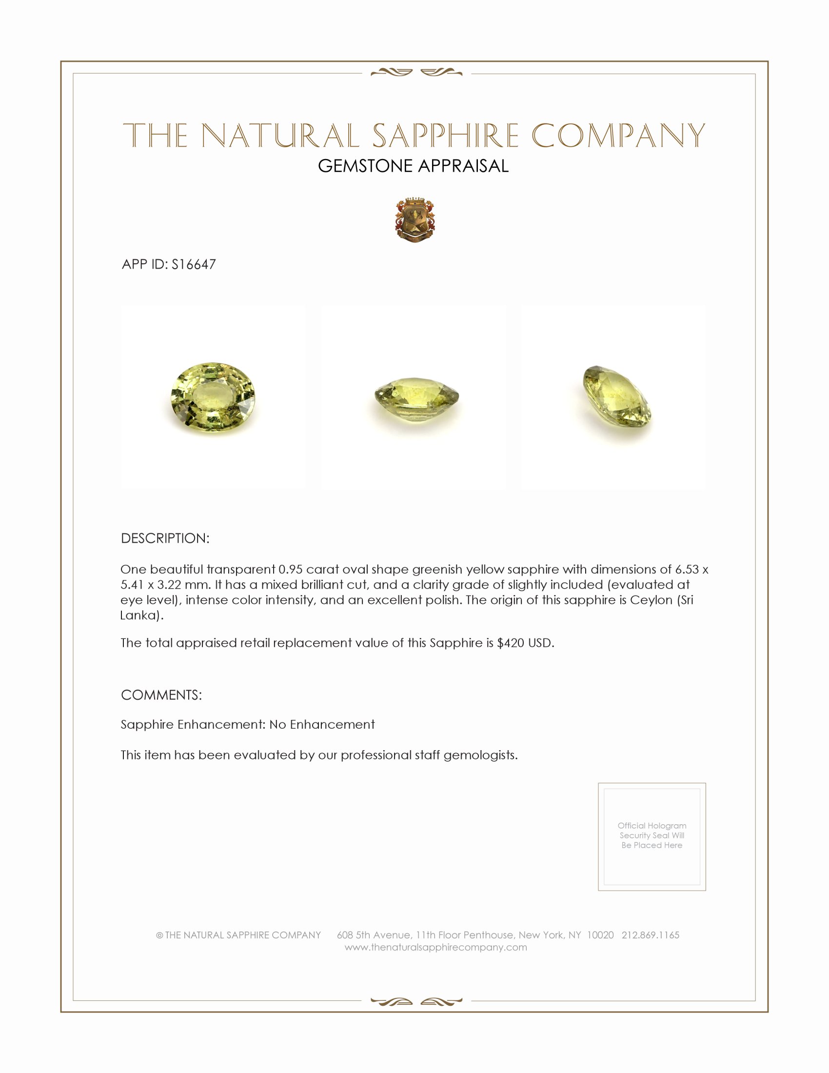 0.95 Ct. Greenish Yellow Sapphire from Ceylon (Sri Lanka)