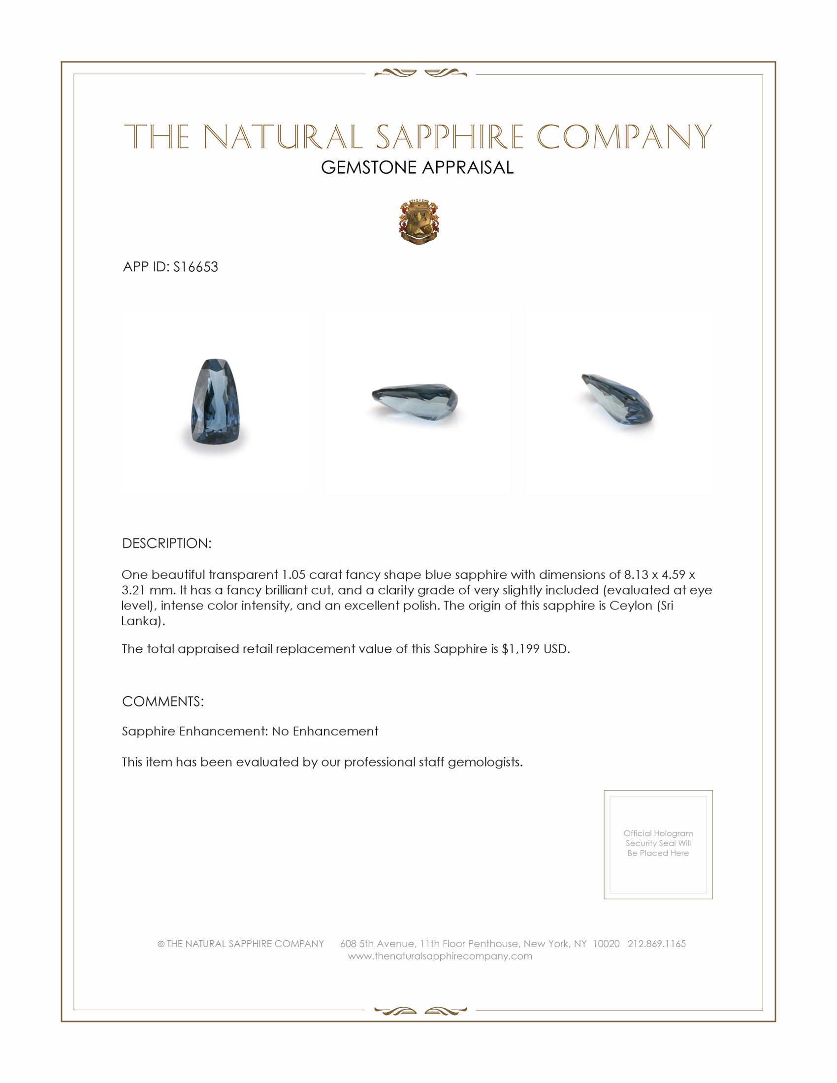 1.05 Ct. Blue Sapphire from Ceylon (Sri Lanka)