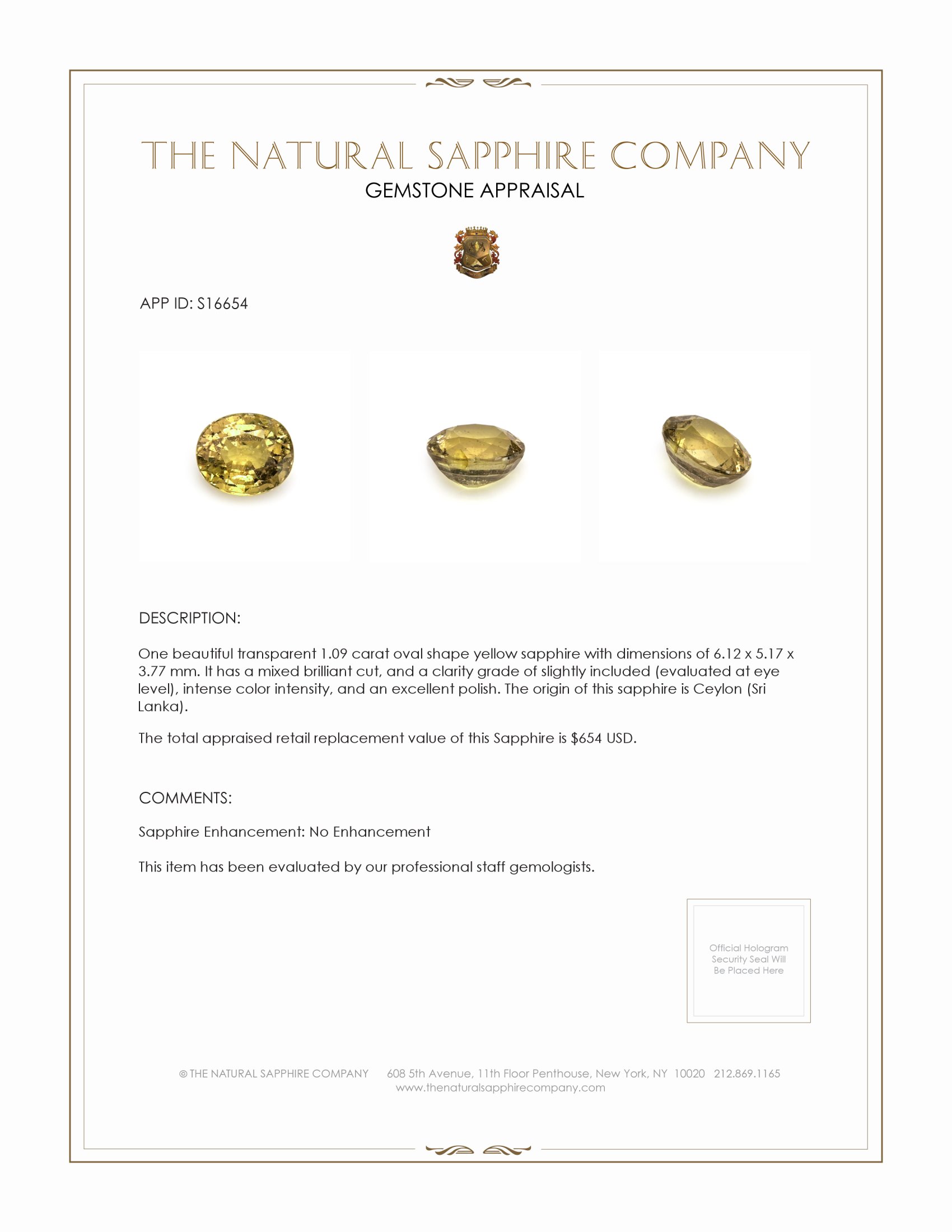 1.09 Ct. Yellow Sapphire from Ceylon (Sri Lanka)