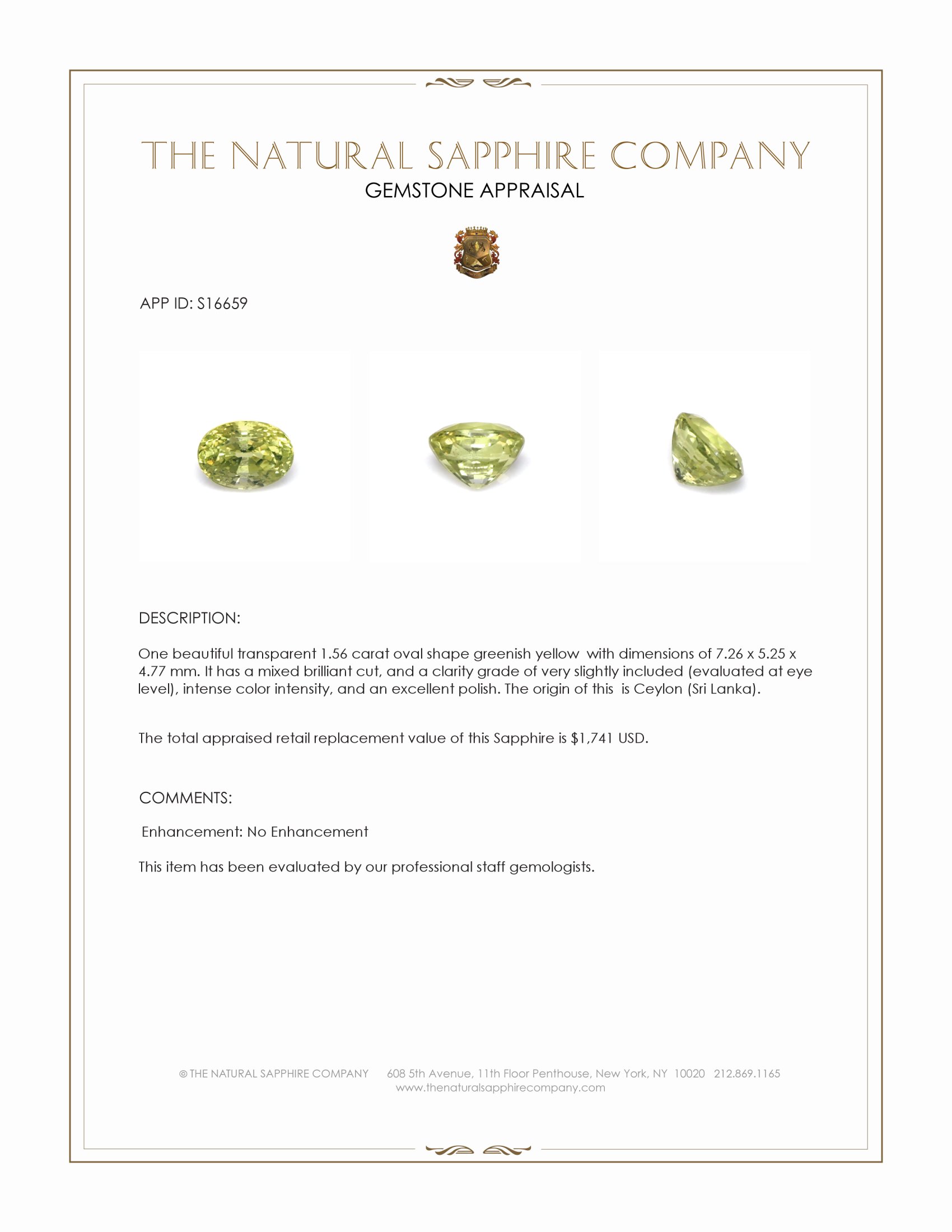 1.56 Ct. Greenish Yellow Sapphire from Ceylon (Sri Lanka)