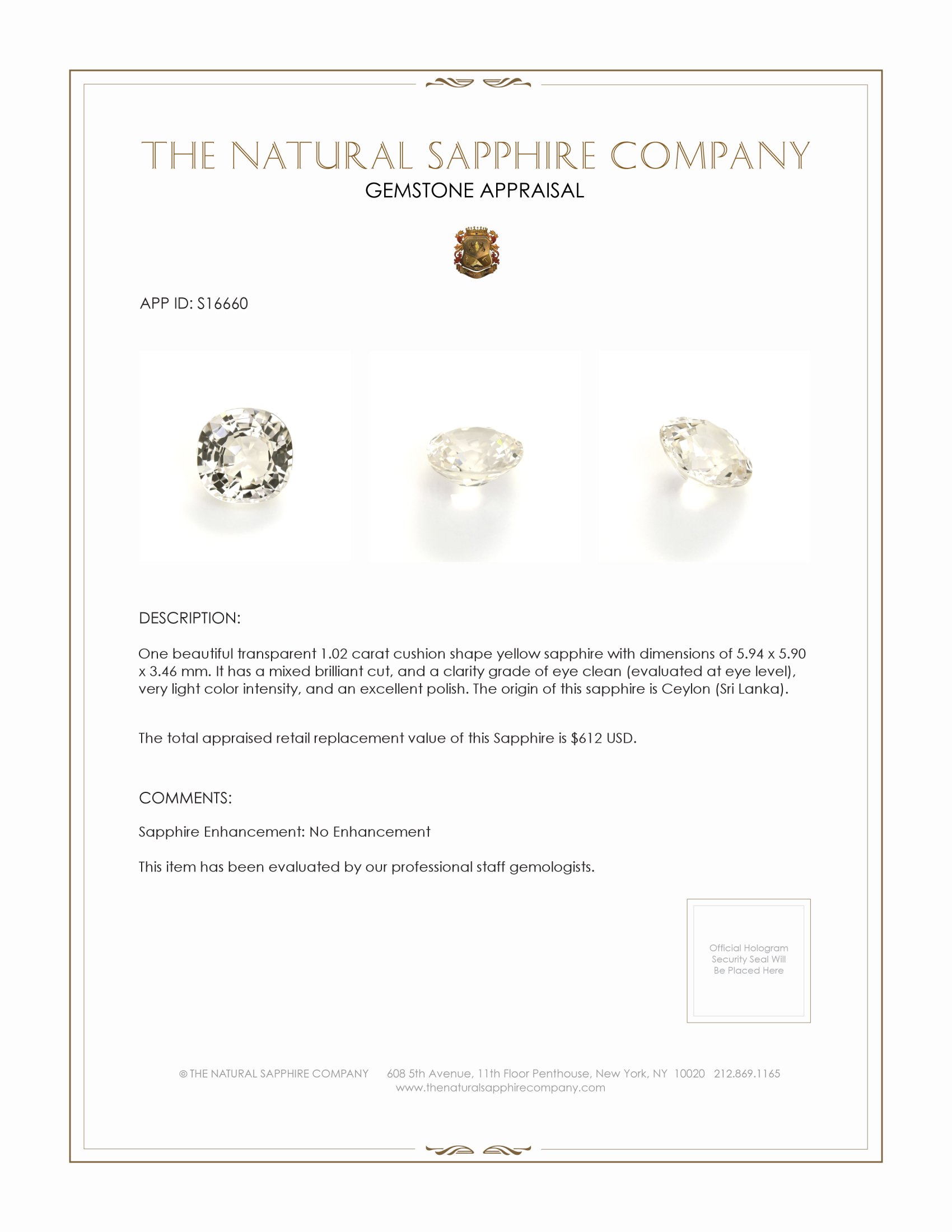 1.02 Ct. Yellow Sapphire from Ceylon (Sri Lanka)