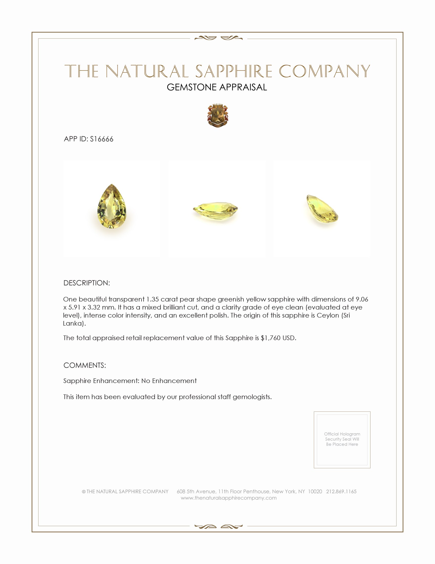 1.35 Ct. Greenish Yellow Sapphire from Ceylon (Sri Lanka)