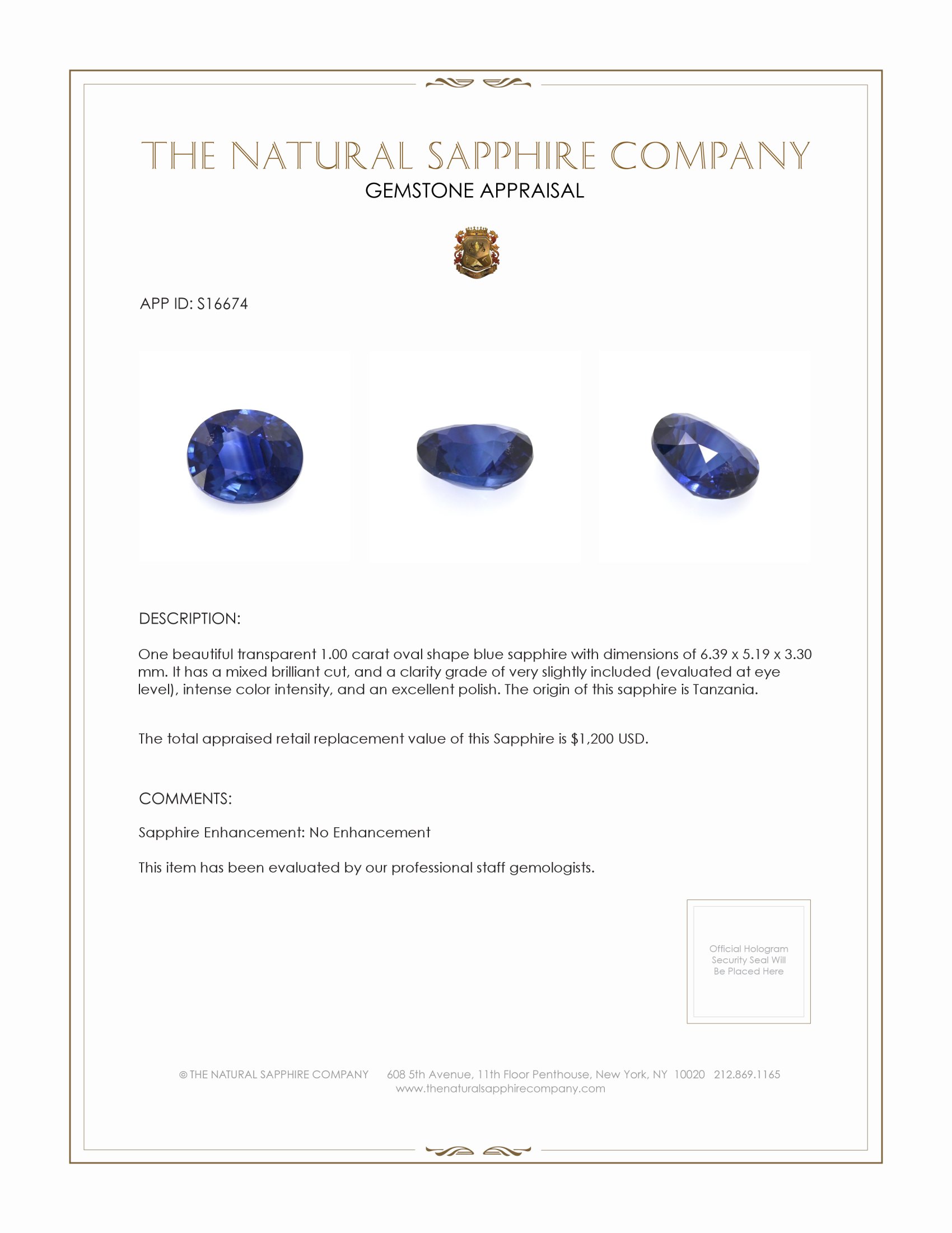 1.00 Ct. Blue Sapphire from Tanzania