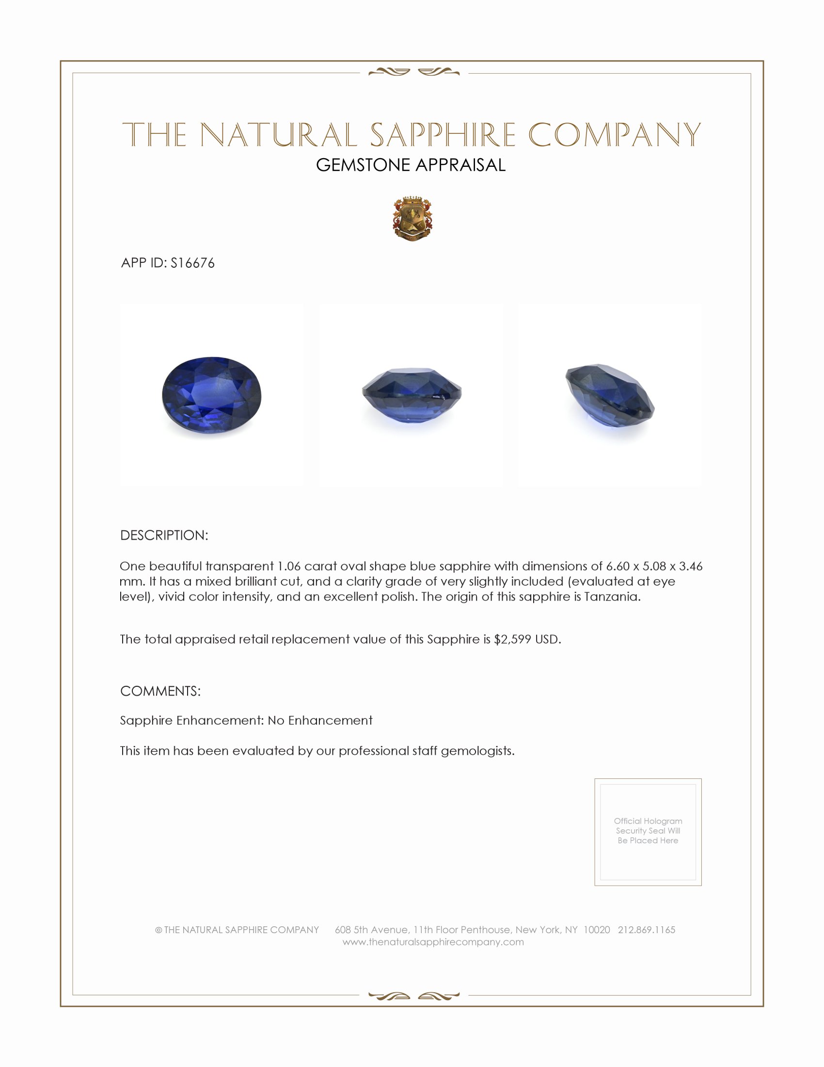 1.06 Ct. Blue Sapphire from Tanzania