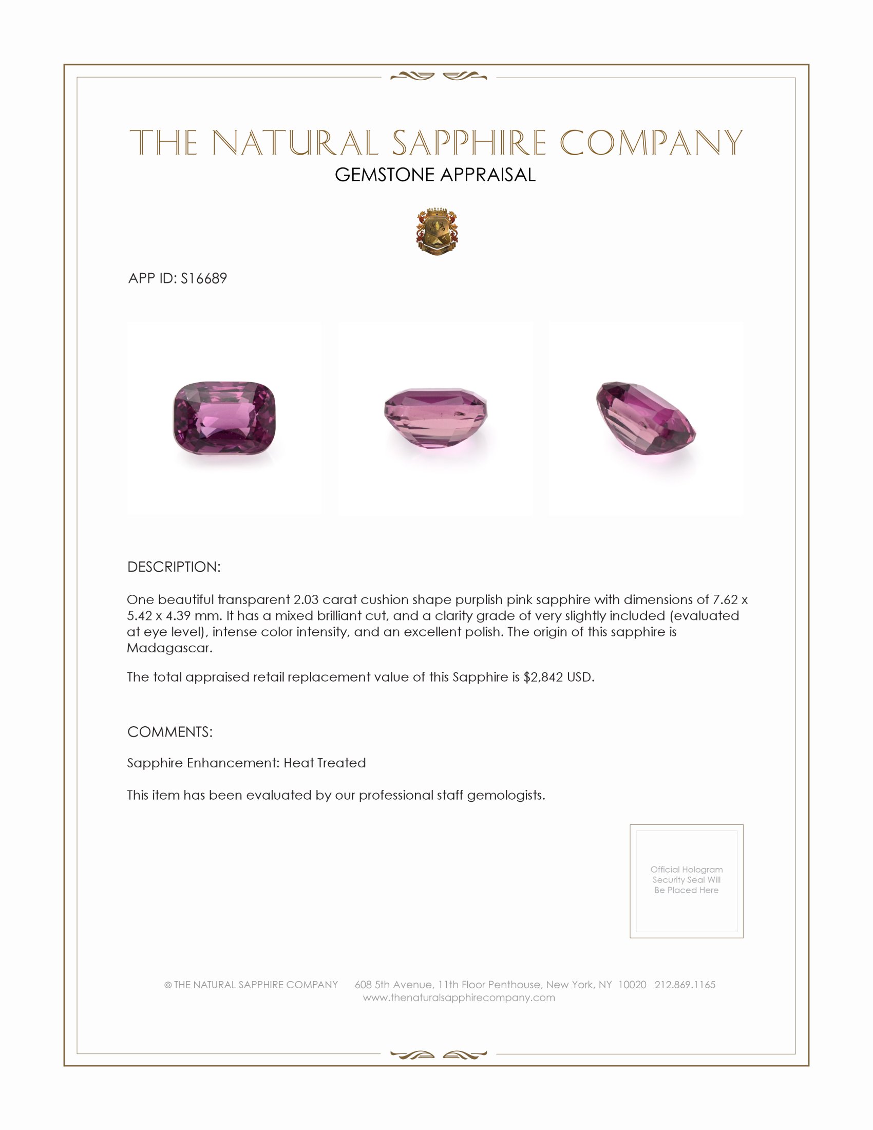 2.03 Ct. Purplish Pink Sapphire from Madagascar