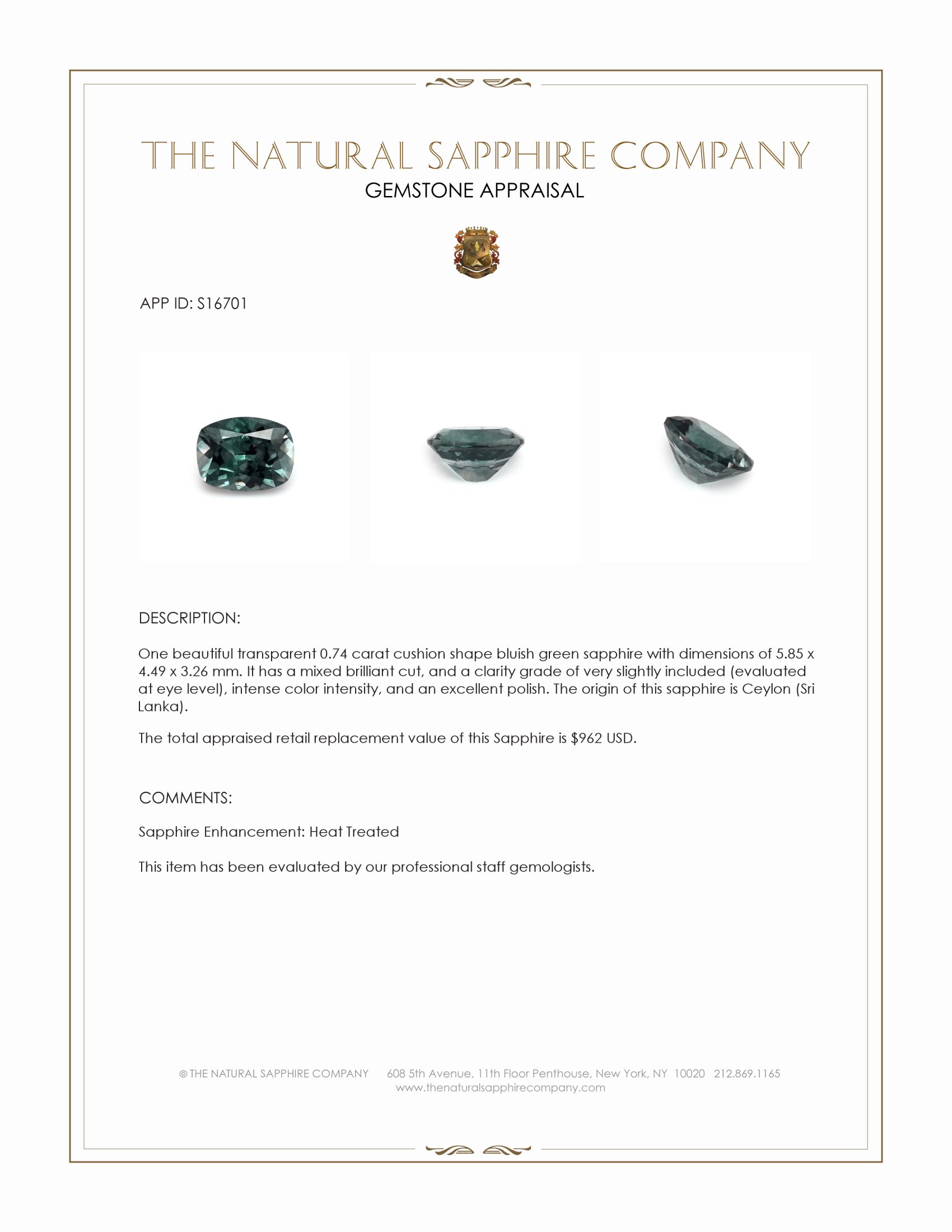 0.74 Ct. Bluish Green Sapphire from Ceylon (Sri Lanka)
