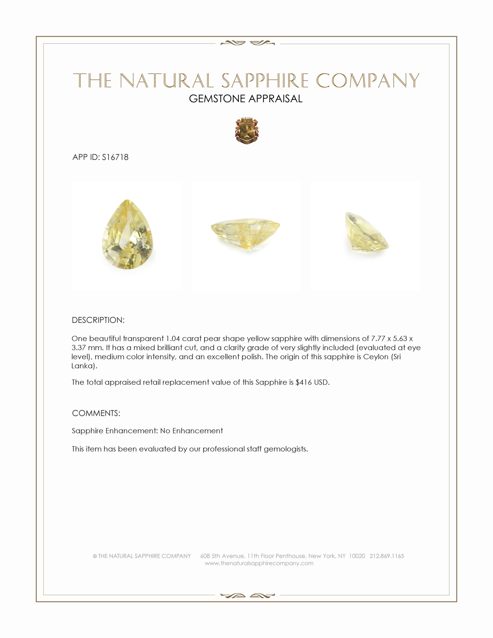 1.04 Ct. Yellow Sapphire from Ceylon (Sri Lanka)