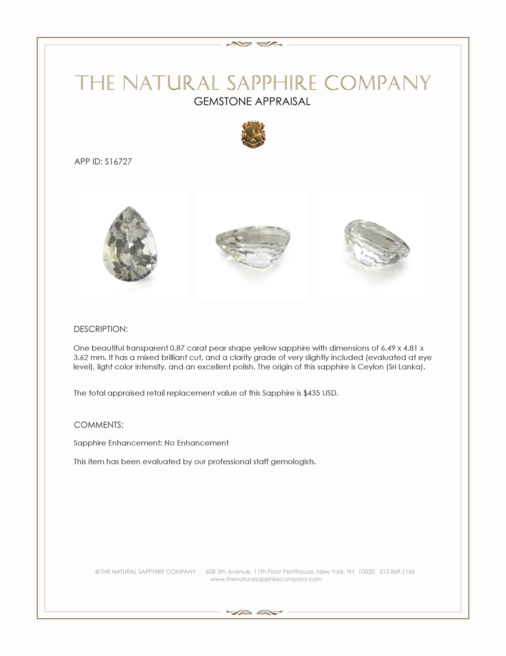 0.87 Ct. Yellow Sapphire from Ceylon (Sri Lanka)