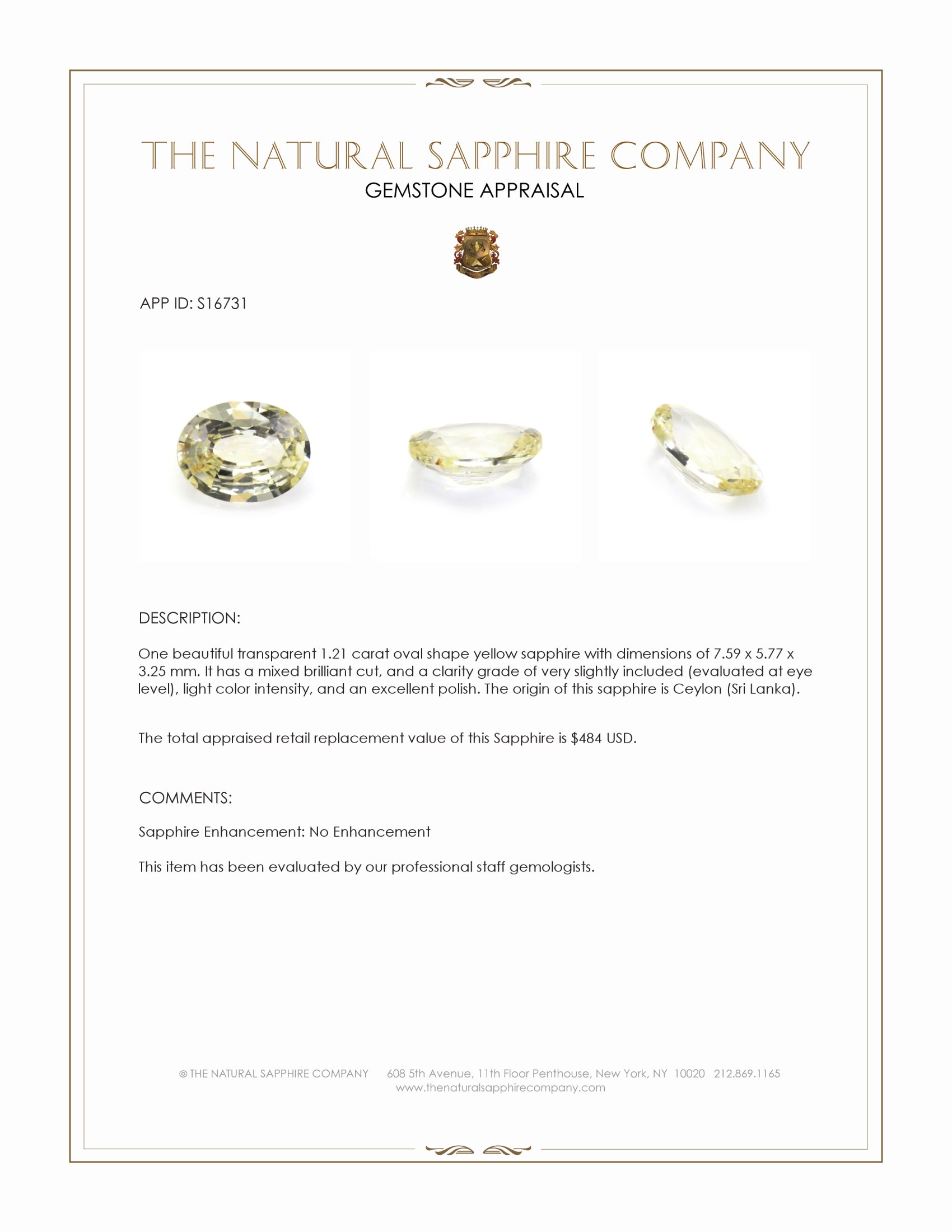 1.21 Ct. Yellow Sapphire from Ceylon (Sri Lanka)