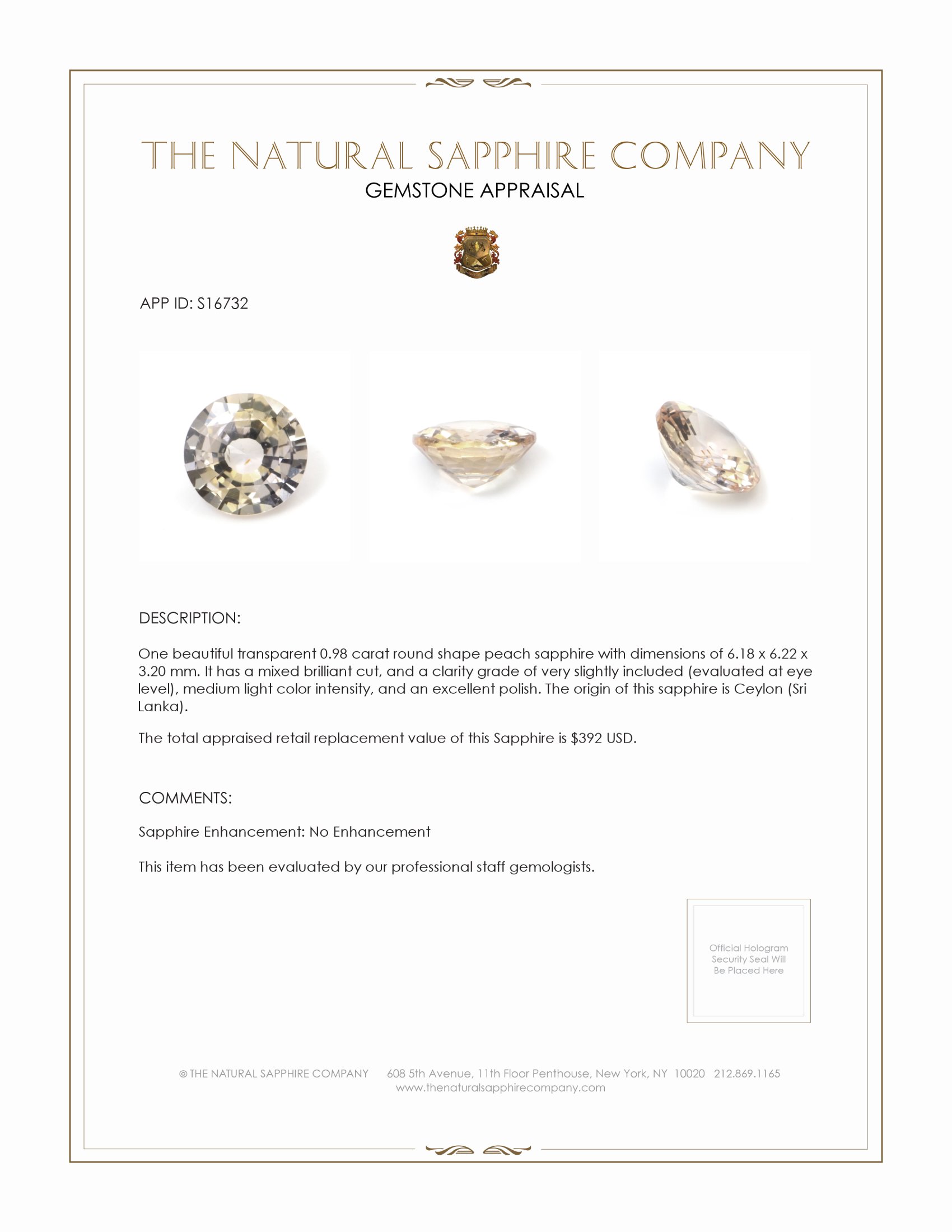 0.98 Ct. Peach Sapphire from Ceylon (Sri Lanka)