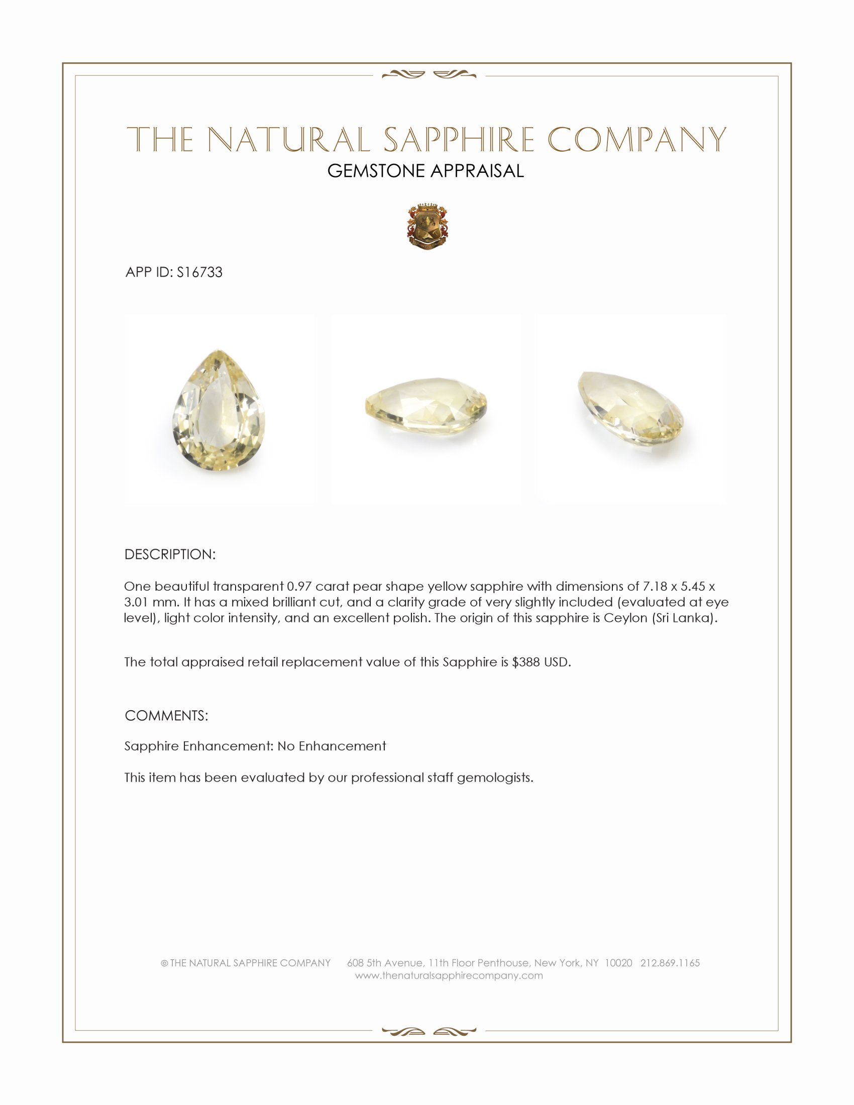 0.97 Ct. Yellow Sapphire from Ceylon (Sri Lanka)