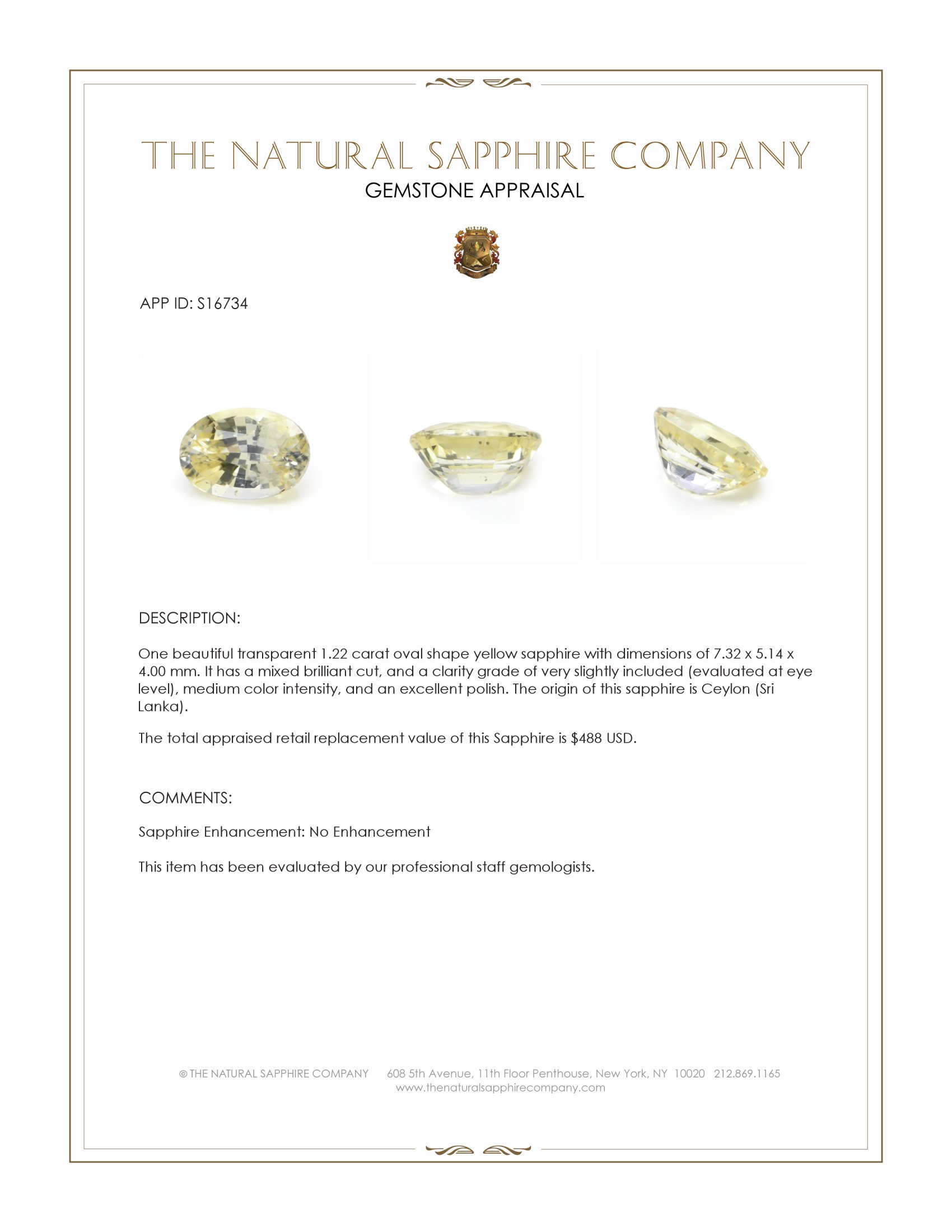 1.22 Ct. Yellow Sapphire from Ceylon (Sri Lanka)