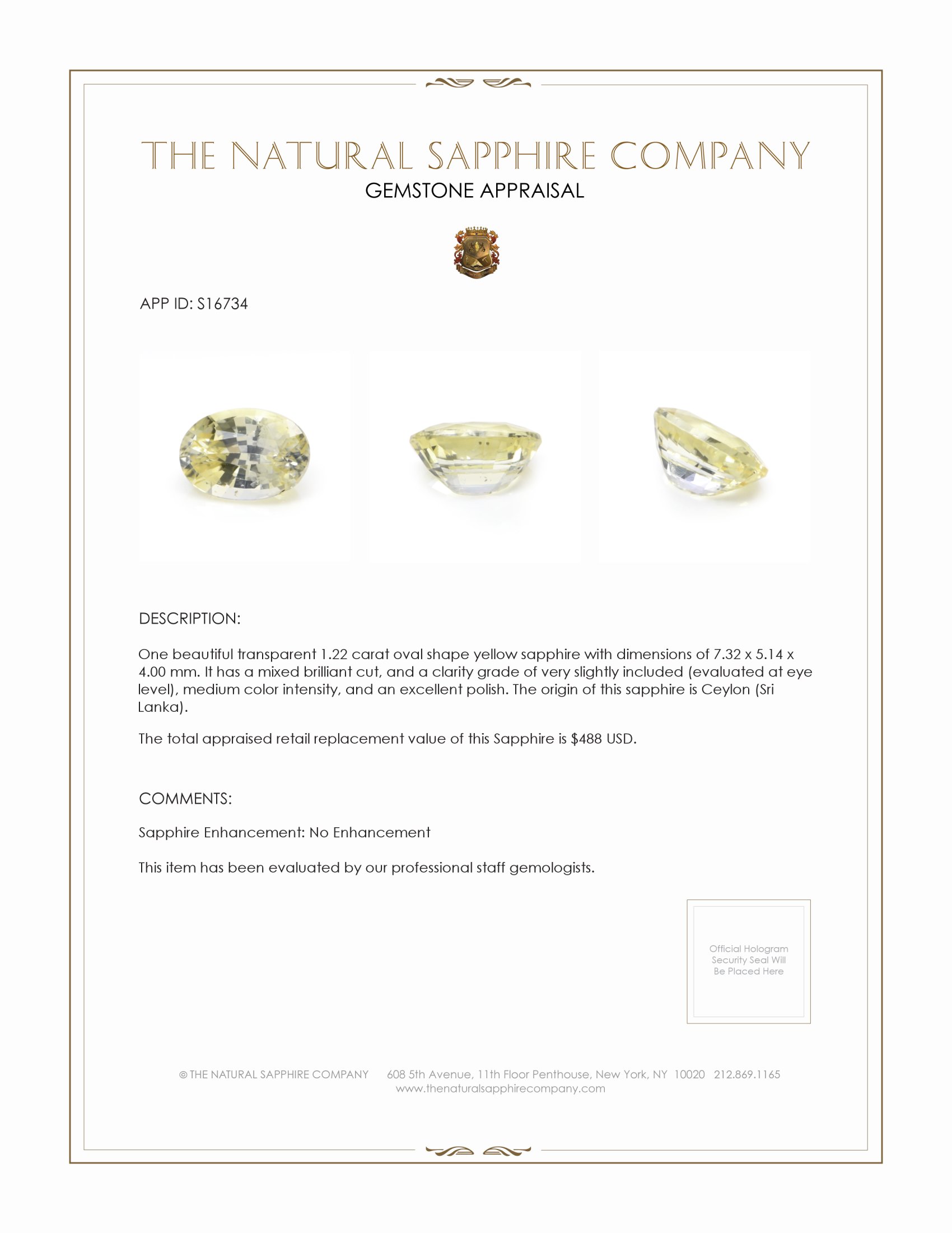 1.22 Ct. Yellow Sapphire from Ceylon (Sri Lanka)