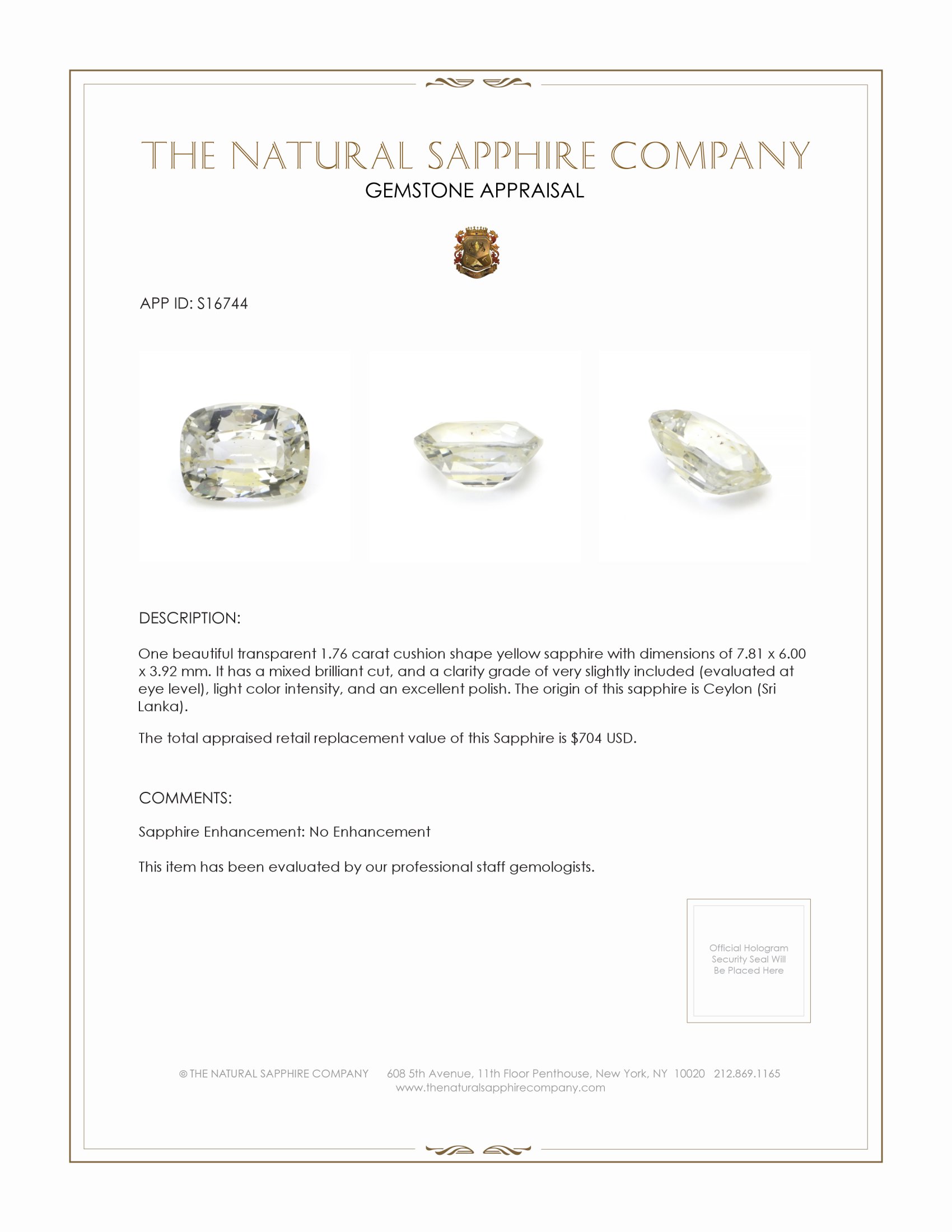1.76 Ct. Yellow Sapphire from Ceylon (Sri Lanka)