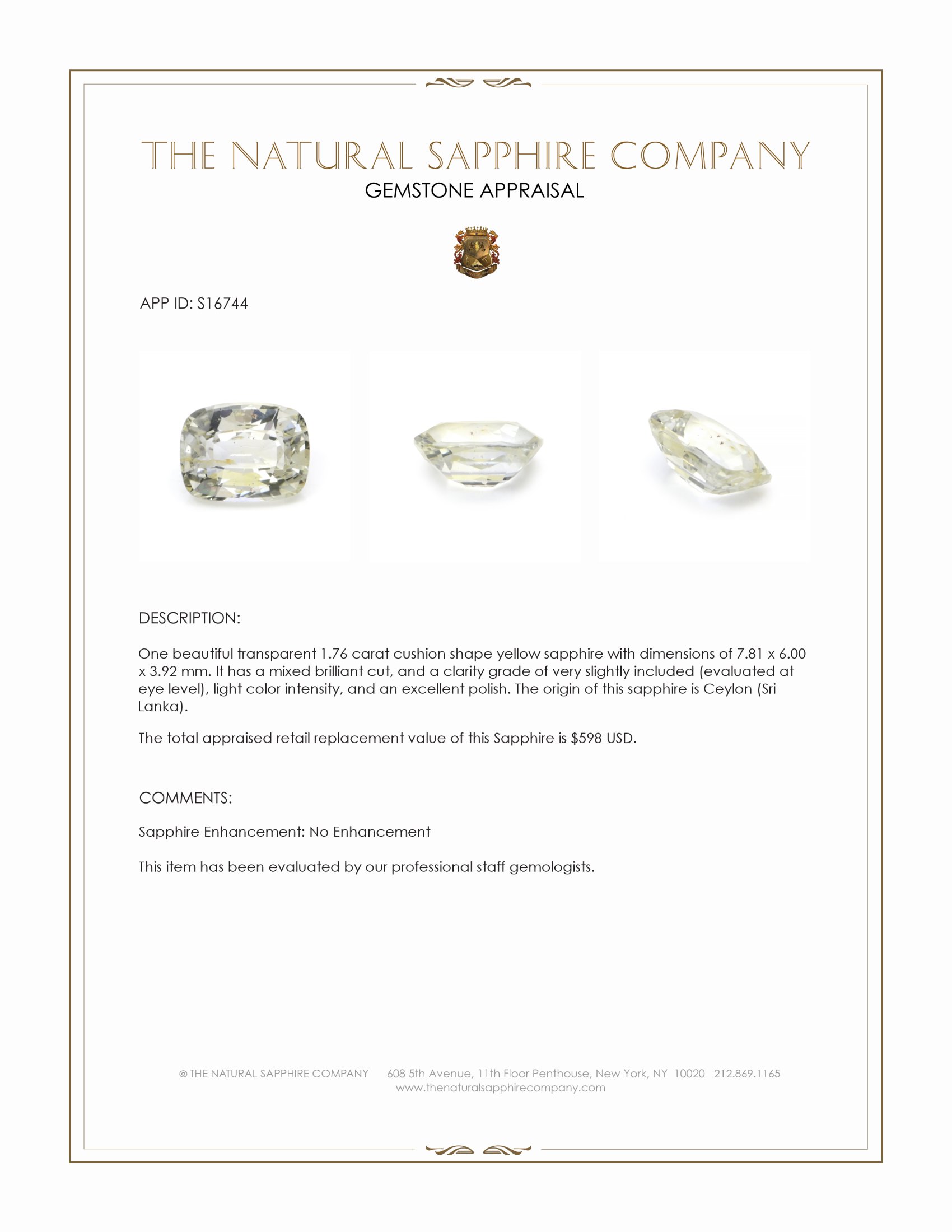 1.76 Ct. Yellow Sapphire from Ceylon (Sri Lanka)