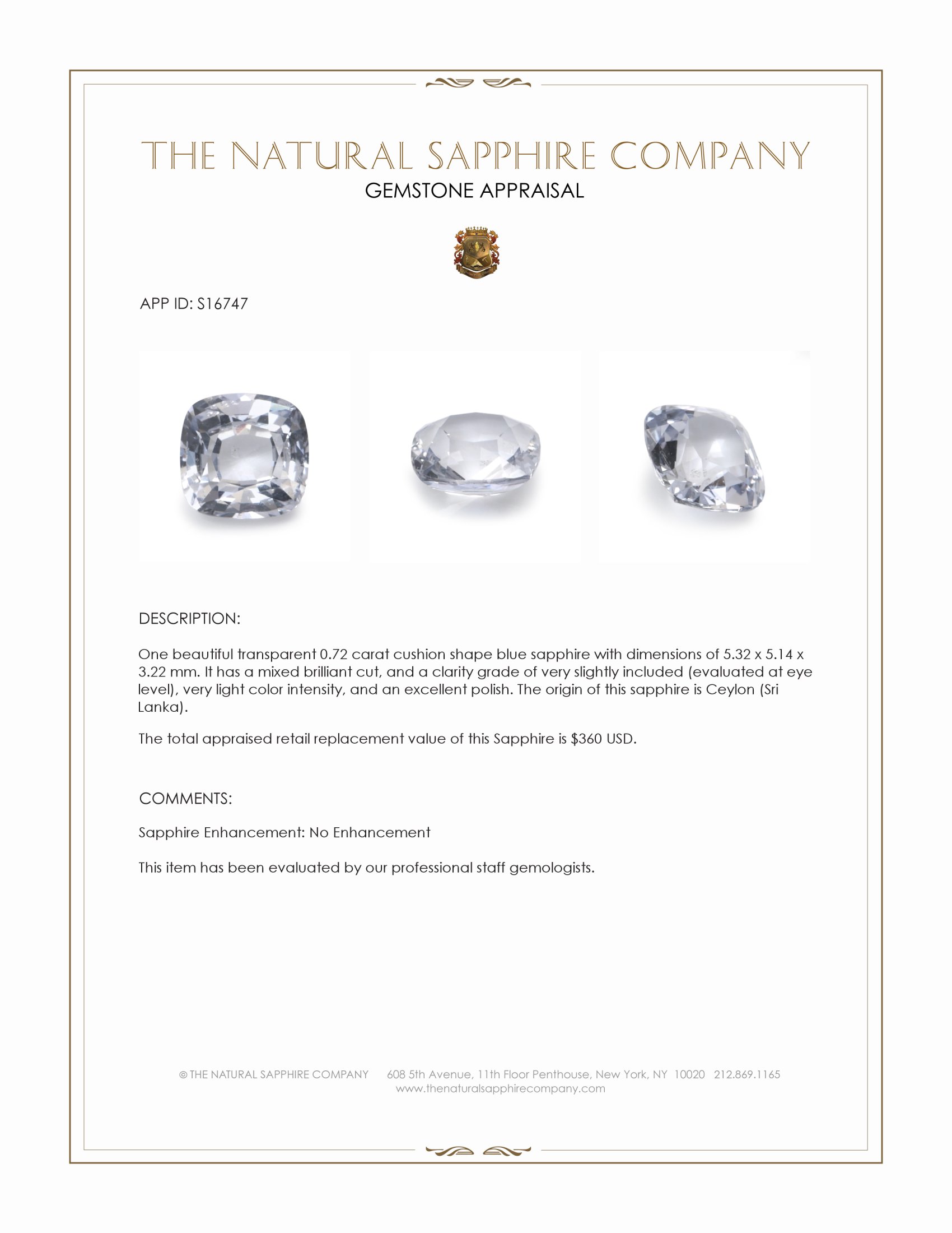 0.72 Ct. Blue Sapphire from Ceylon (Sri Lanka)