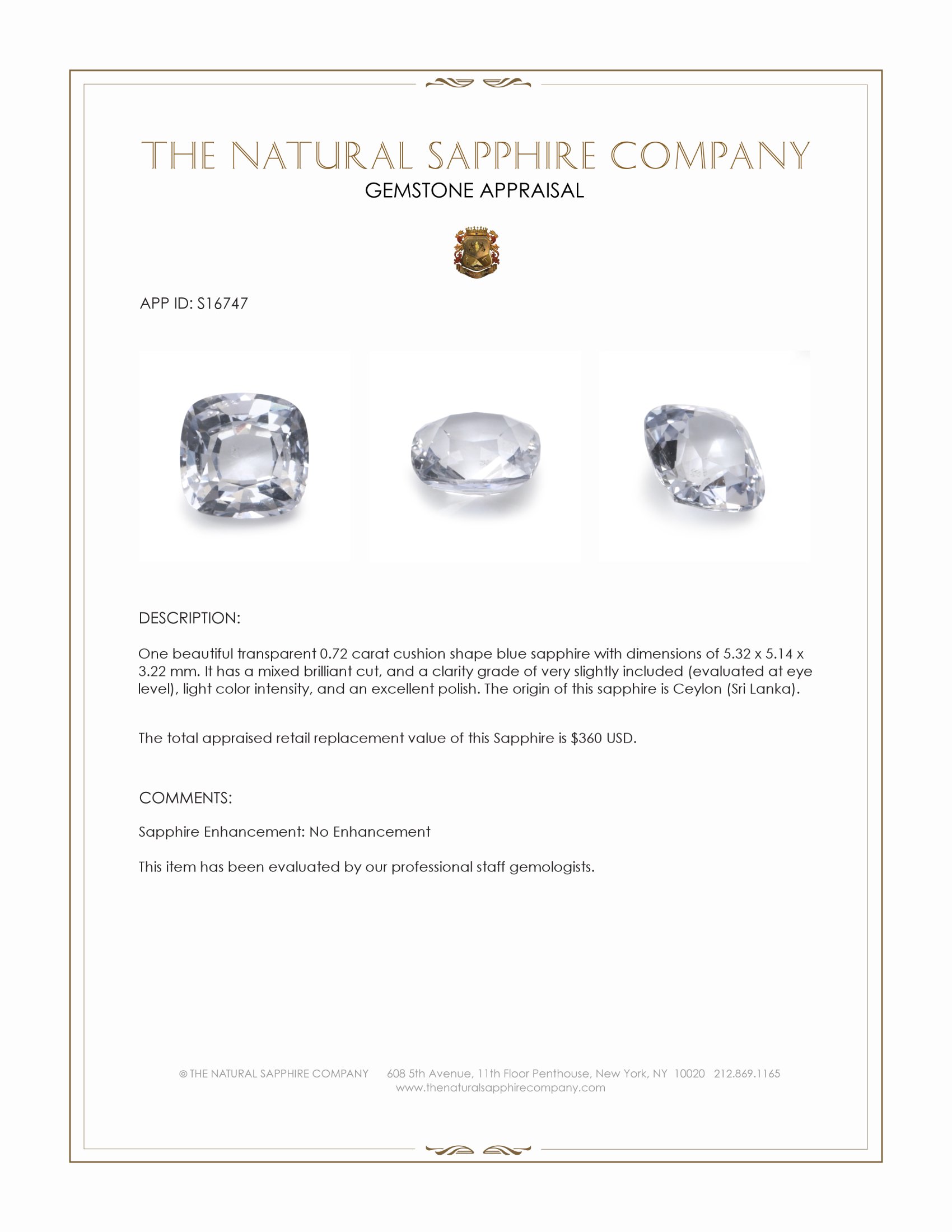 0.72 Ct. Blue Sapphire from Ceylon (Sri Lanka)