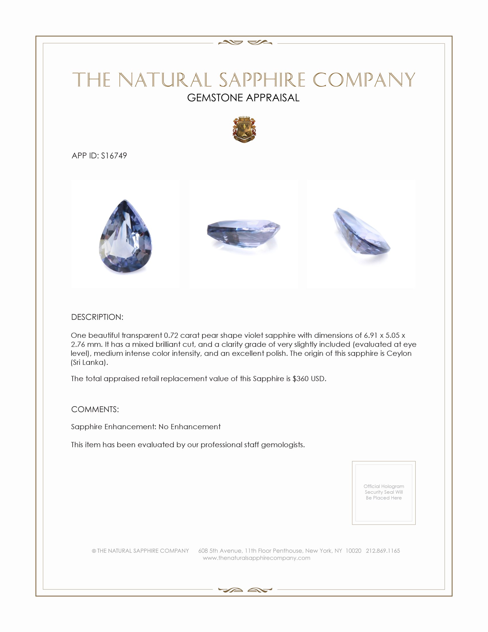 0.72 Ct. Violet Sapphire from Ceylon (Sri Lanka)