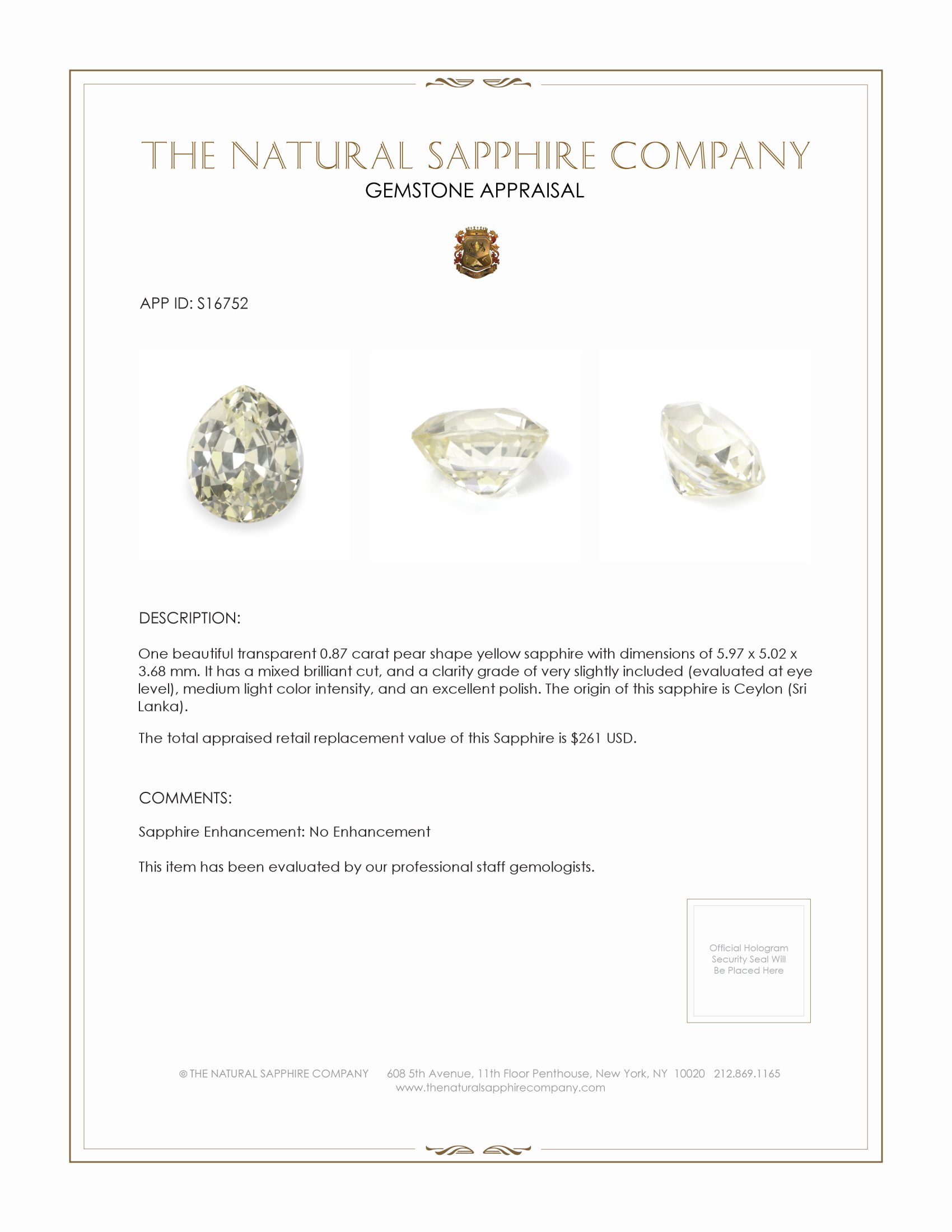 0.87 Ct. Yellow Sapphire from Ceylon (Sri Lanka)