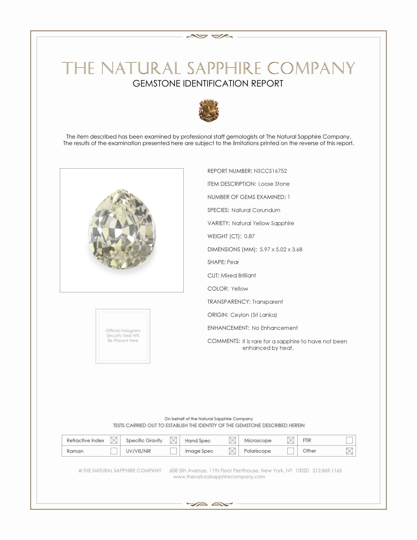 0.87 Ct. Yellow Sapphire from Ceylon (Sri Lanka)