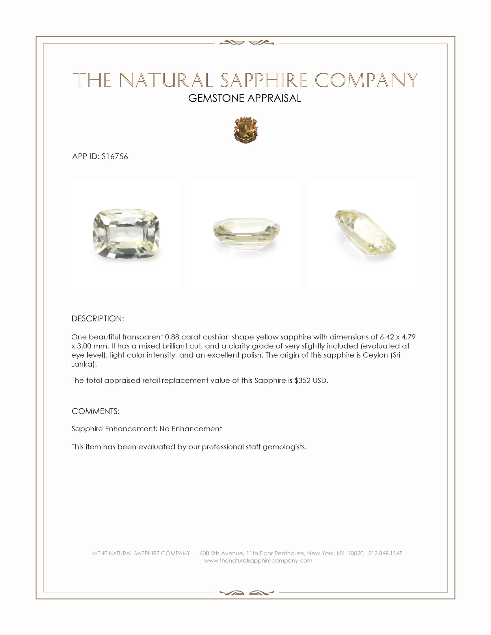 0.88 Ct. Yellow Sapphire from Ceylon (Sri Lanka)