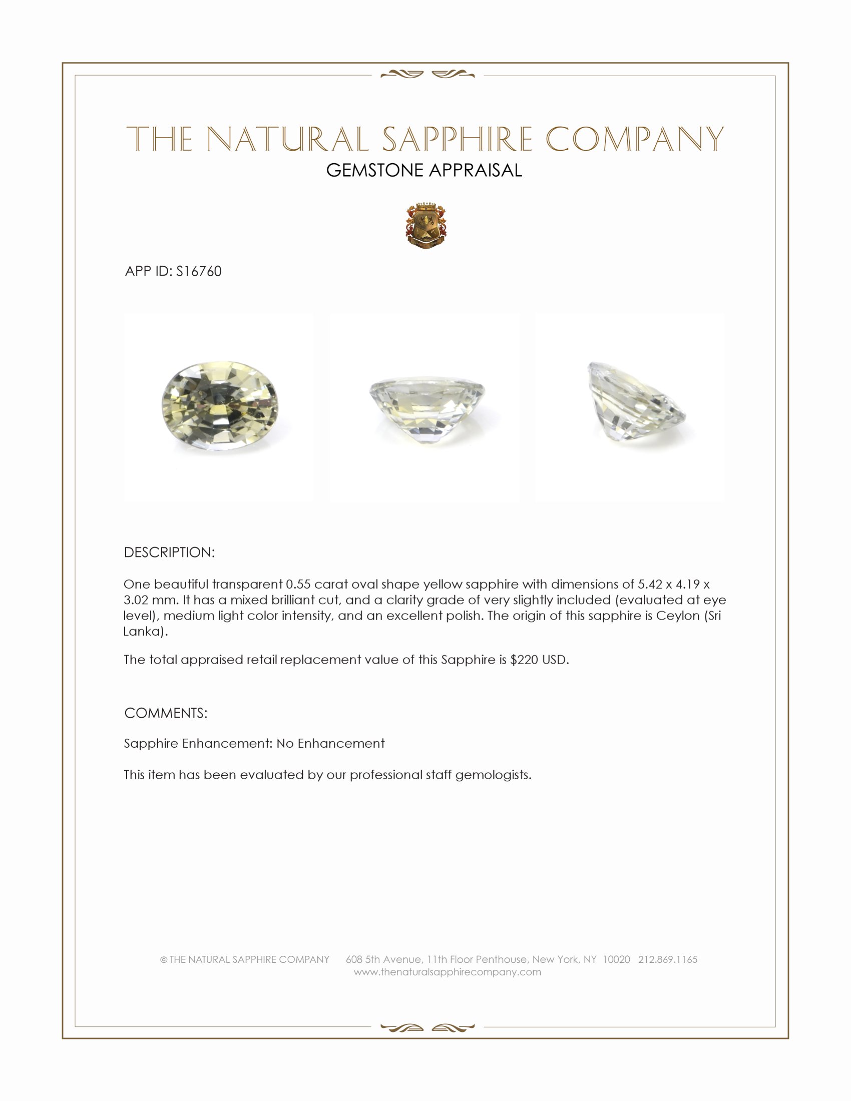 0.55 Ct. Yellow Sapphire from Ceylon (Sri Lanka)