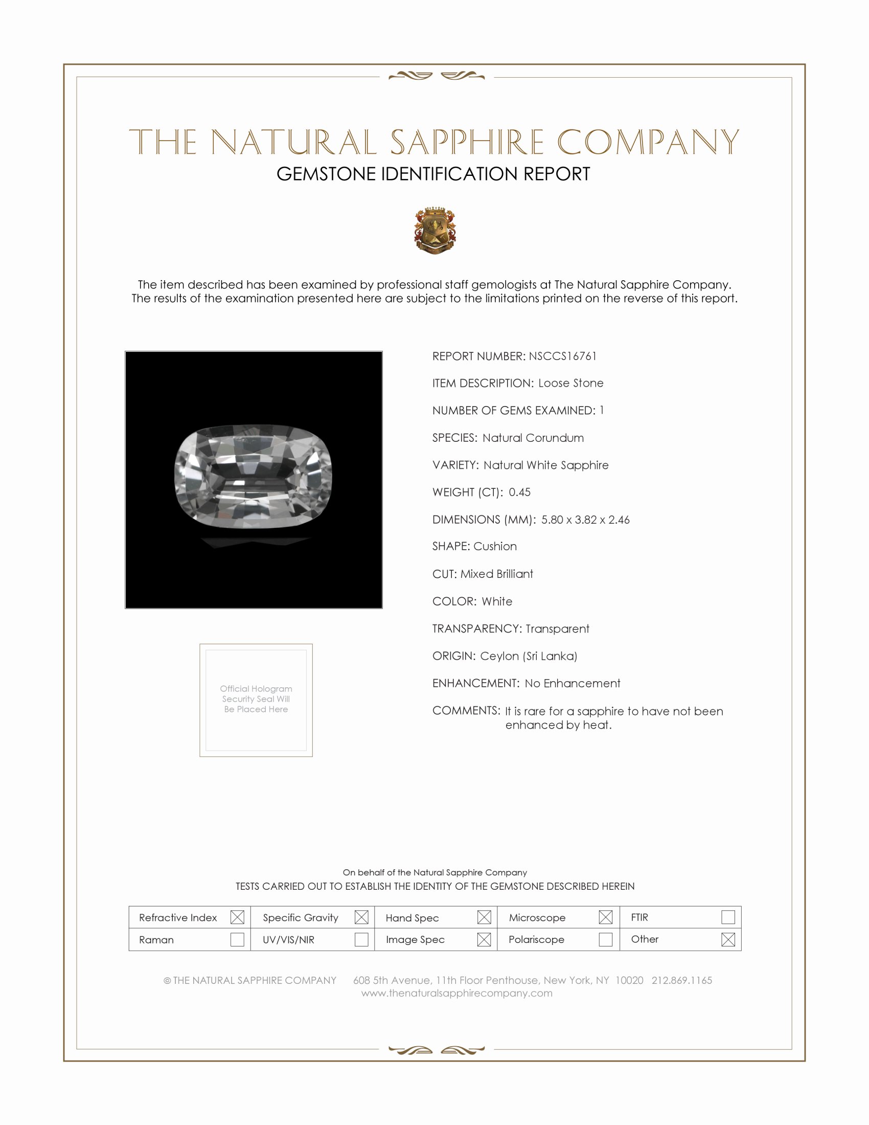 0.45 Ct. White Sapphire from Ceylon (Sri Lanka)