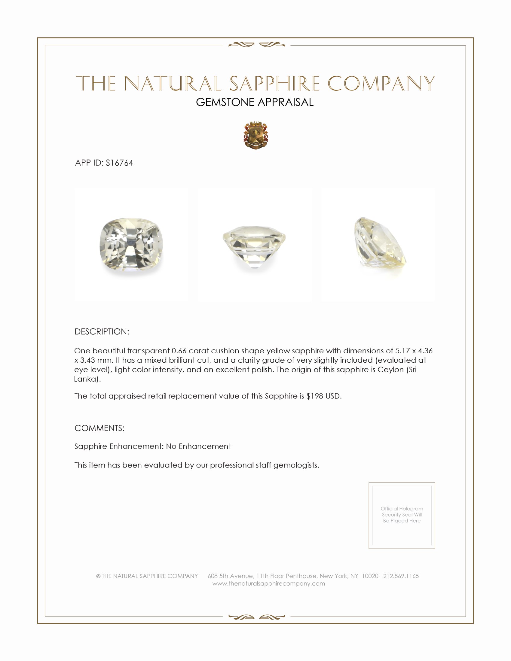 0.66 Ct. Yellow Sapphire from Ceylon (Sri Lanka)